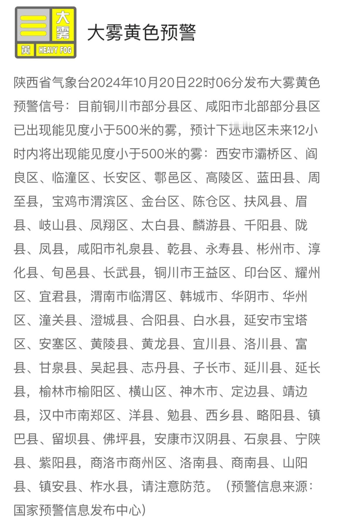 #天气预警# 陕西省气象台继续发布大雾黄色预警信号。