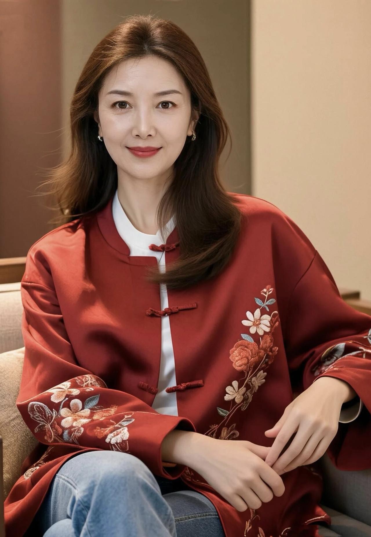 眼睛像一泓清泉,
丹唇似玫瑰花瓣。
鼻子通透如虹，
秀发像瀑布落天。

一袭唐装