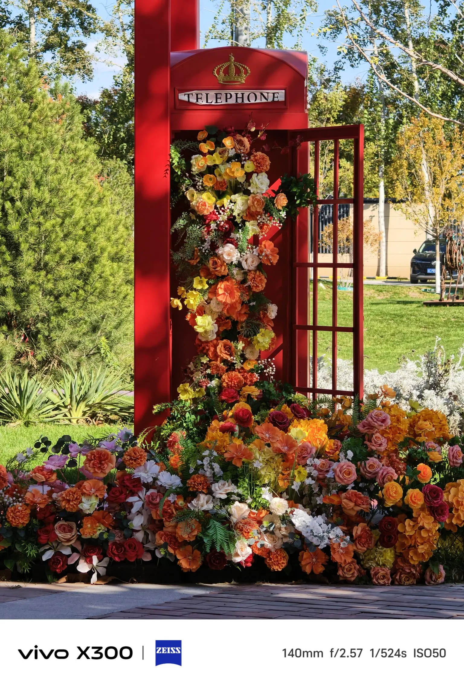 vivo X300影像实拍分析～140mm 焦距清晰呈现花朵的纹理与电话亭的细节