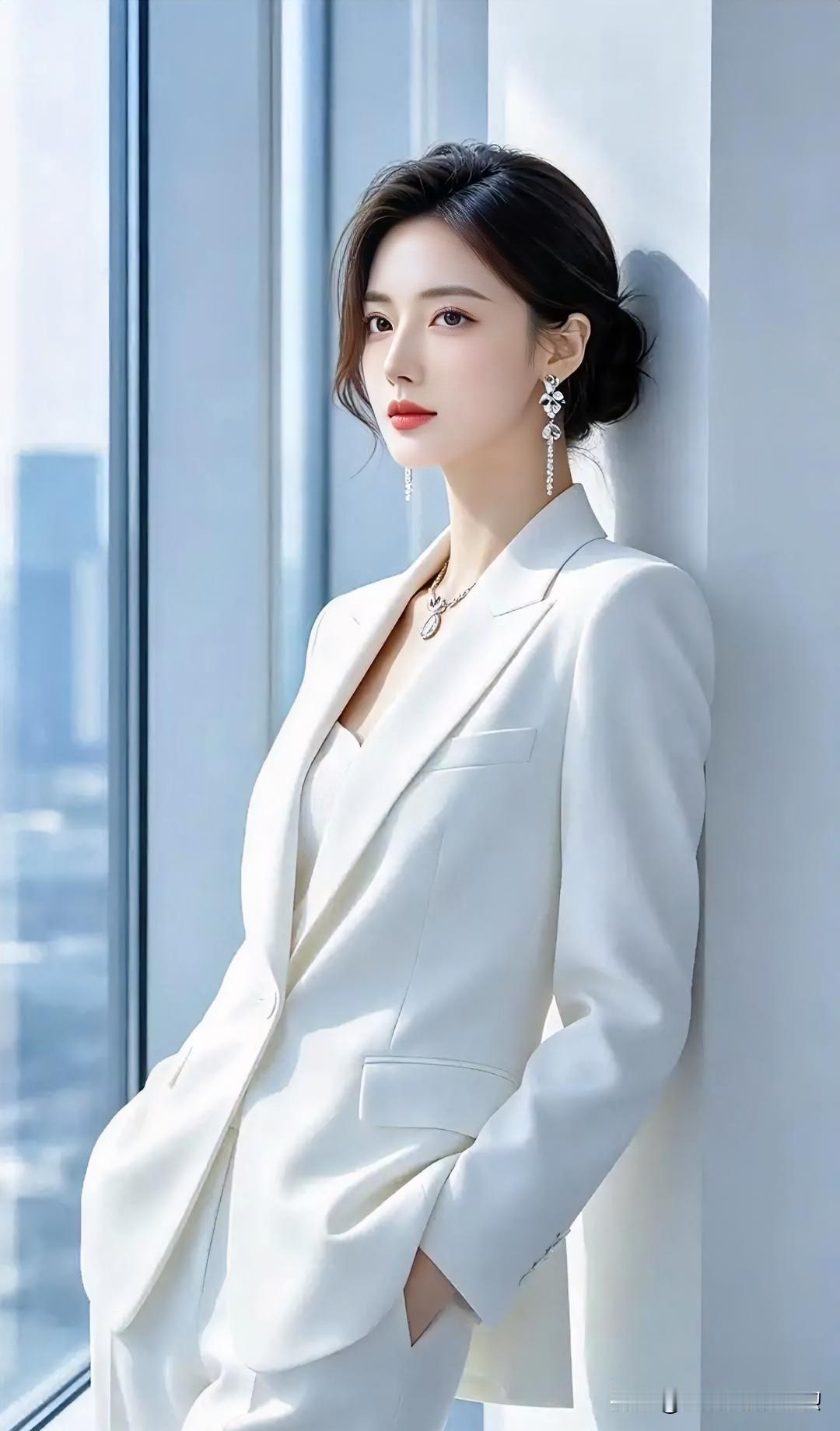 纯白西装尽显干练优雅，盘发精致，光影流转间，于都市高楼中演绎从容自信的现代魅力。