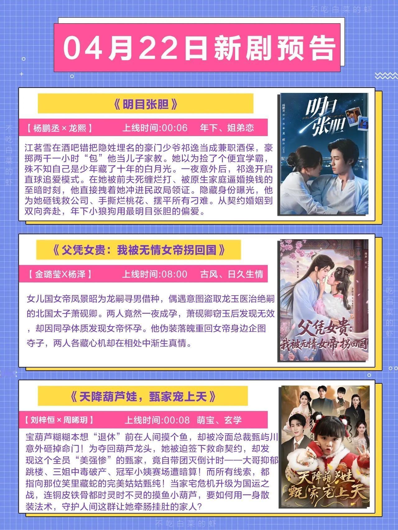 🔥📺4月22日新剧预告✨🔥

1.《明目张胆》🥰
演员：杨鹏丞、龙熙
