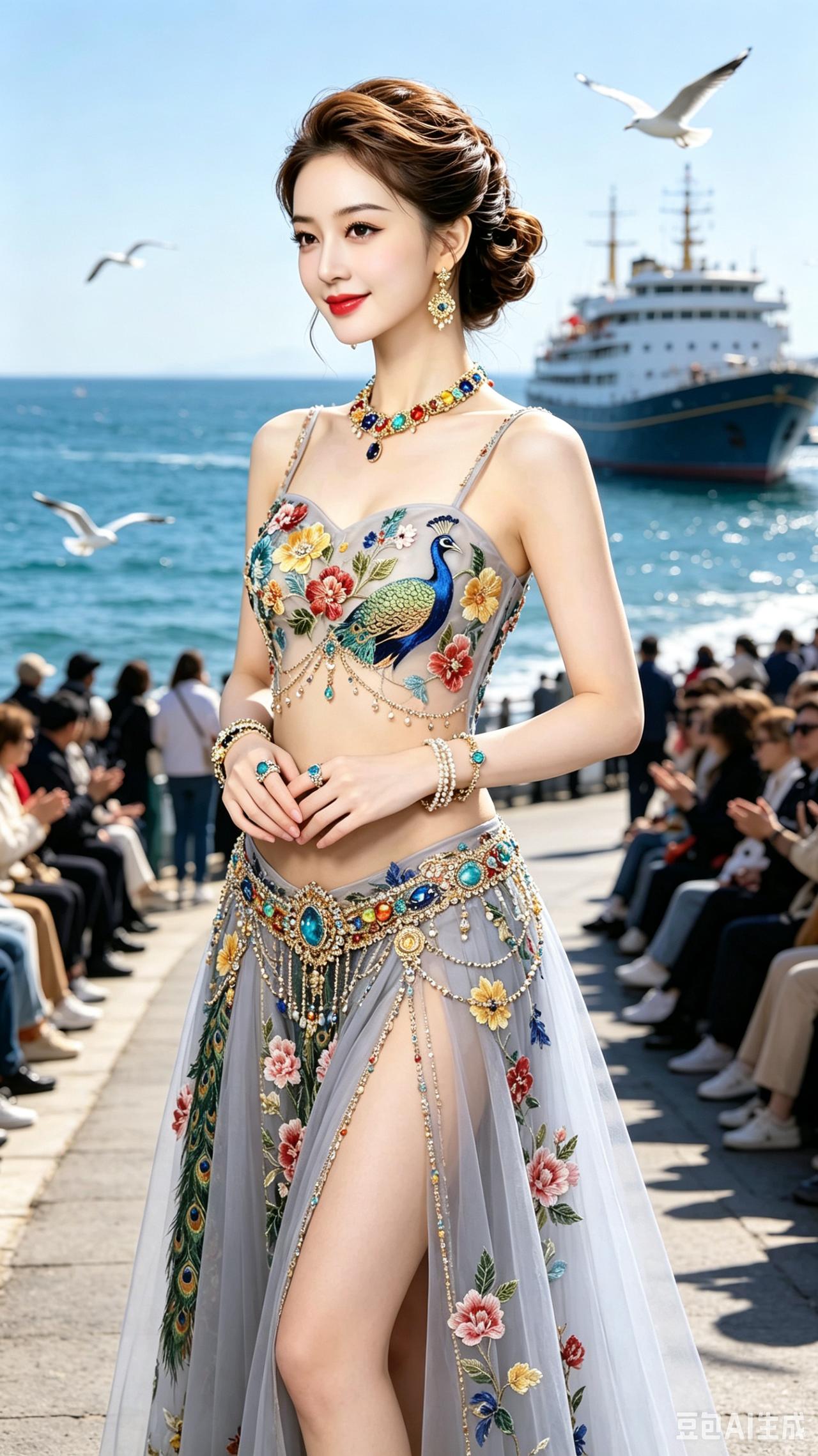 孔雀仙姿戏碧流
彩绣罗裙映雀柔，华光腰链韵风流。
沧波巨舰鸥相伴，万众凝眸醉绮眸