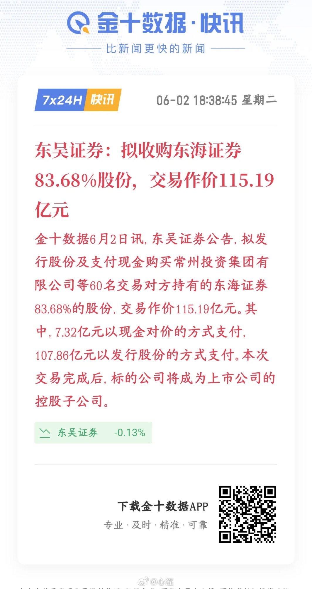 A股券商板块大利好来了，并购重组又来了东吴公告花115.19亿拿下东海八成多股权