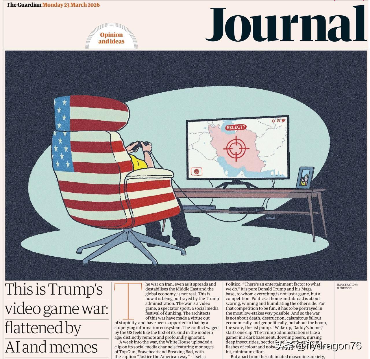 《卫报》对这样一个事实感到极度愤慨：在特朗普眼中，伊朗战争不过是一场电子游戏——