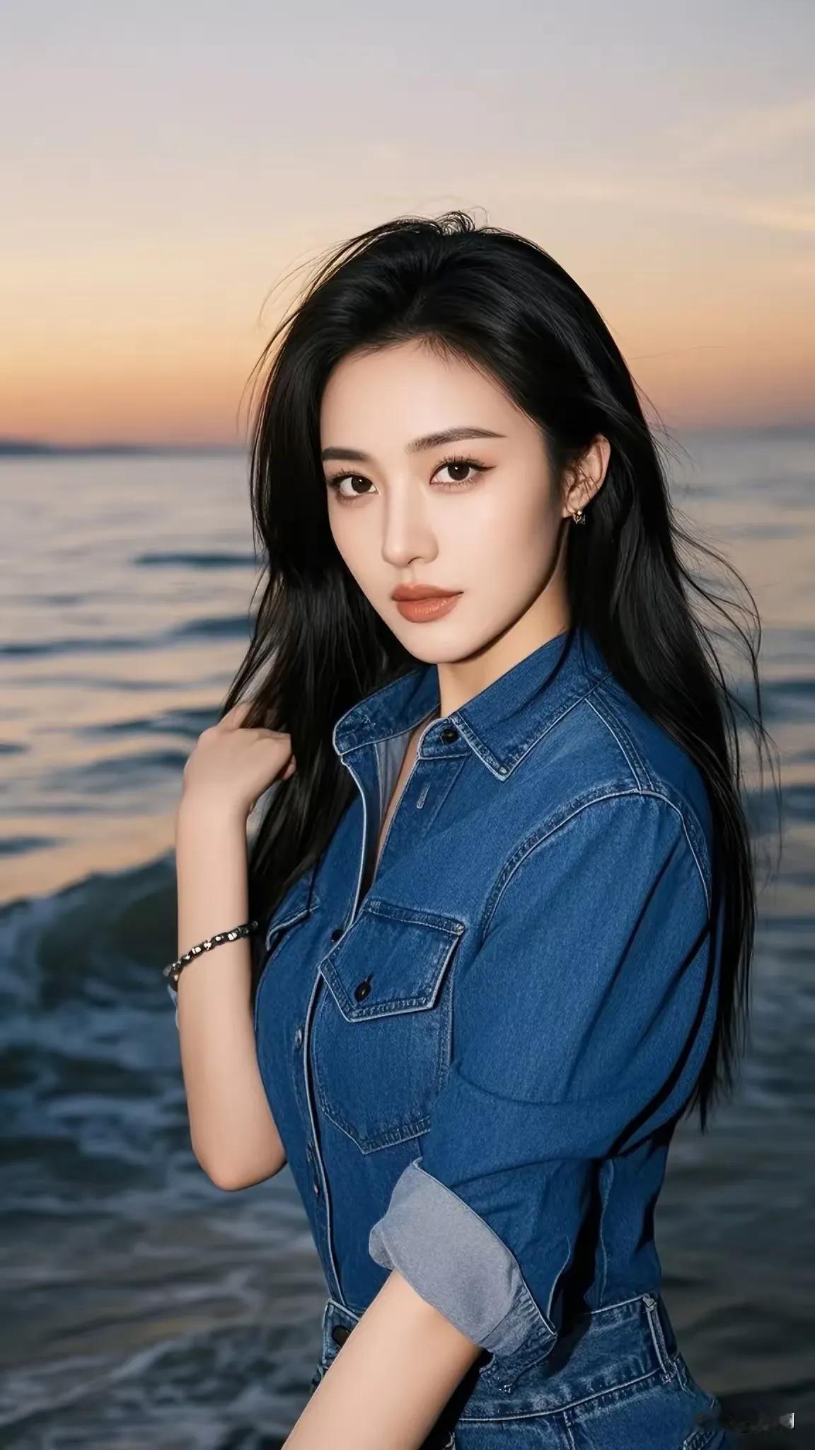 海边落日余晖下的温柔少女，美得像一幅画！
​夕阳的余晖洒在无垠的海面上，金色的波