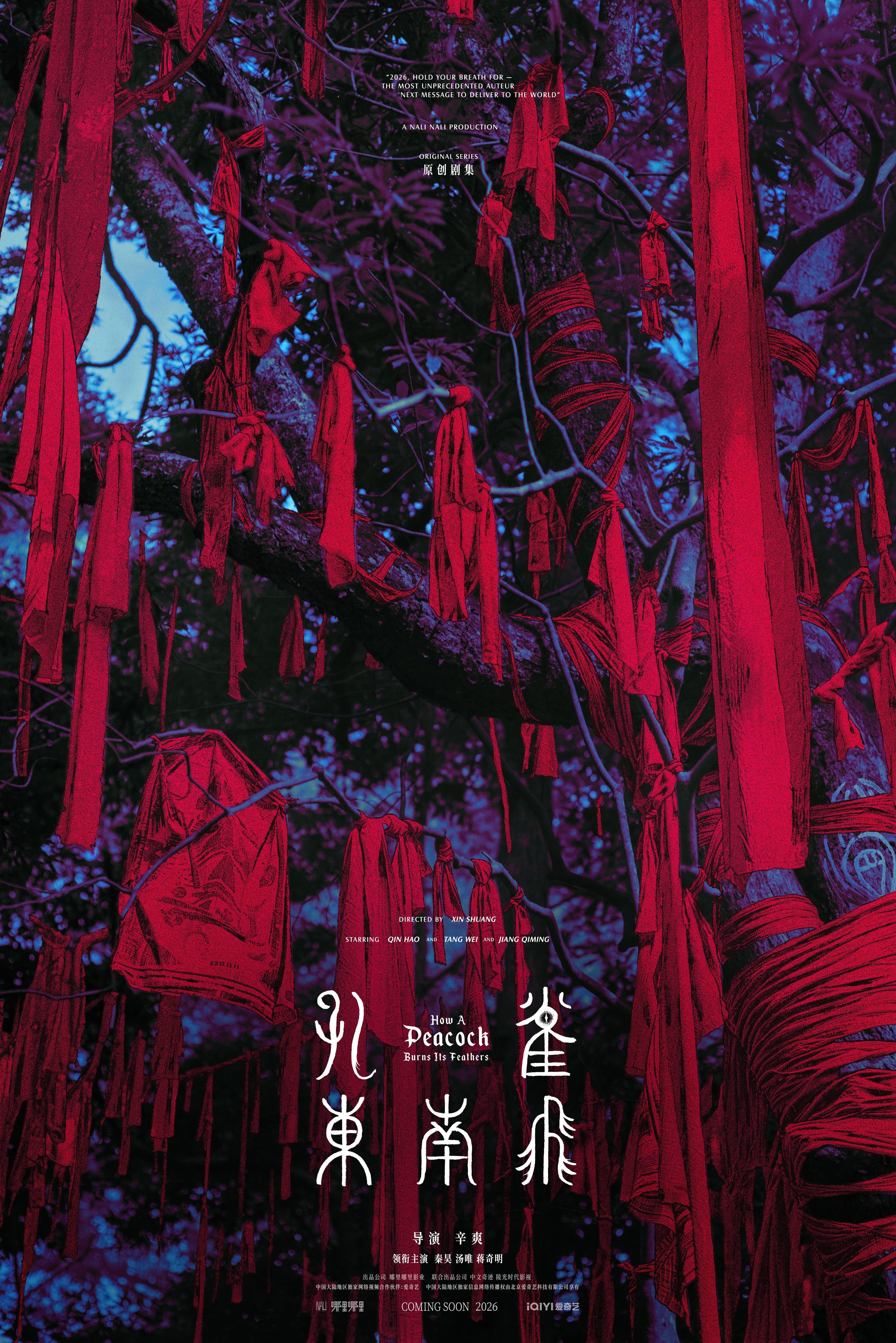 这真的不是中式恐怖剧吗？？！这满屏的红绸、这阴湿感的滤镜，辛爽也是很敢了~孔雀东