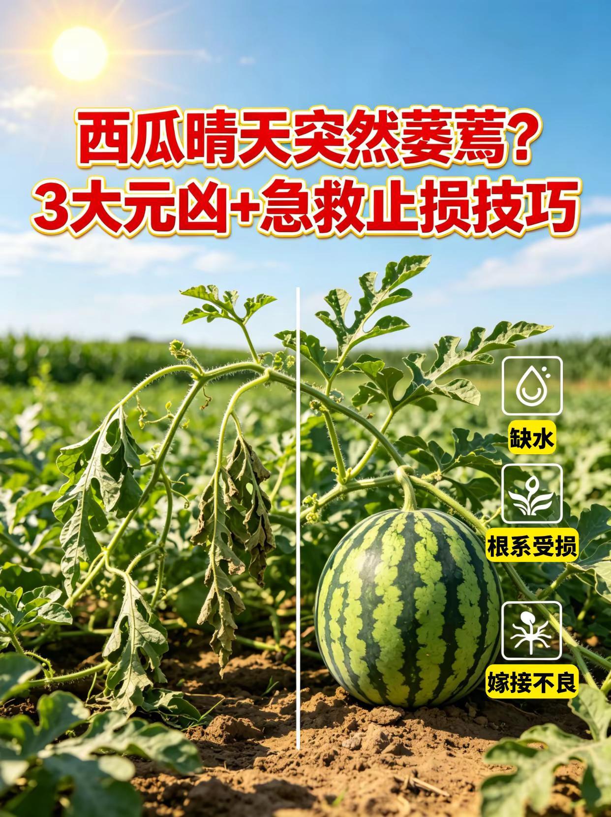 西瓜晴天突然萎蔫？3大元凶+急救止损技巧。西瓜种植