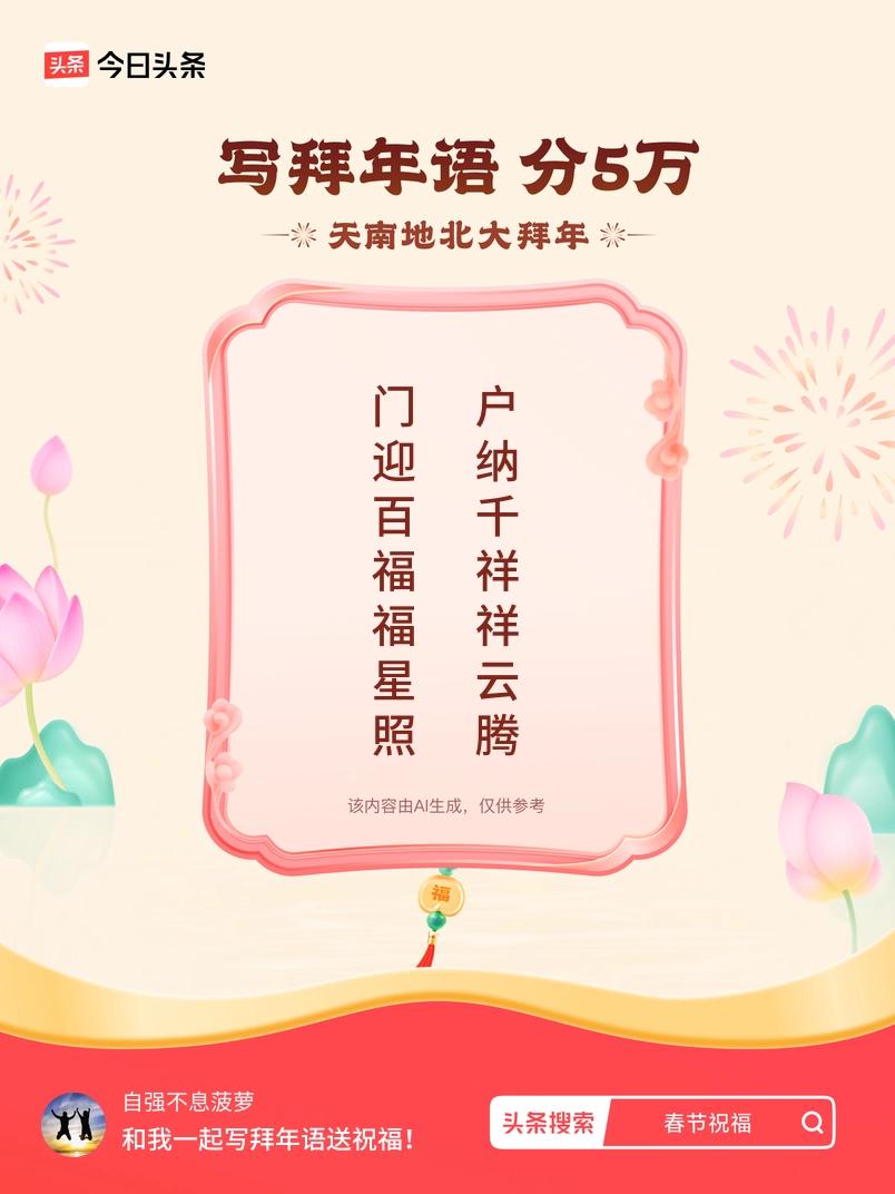 写拜年语送祝福新春拜年送祝福！我的祝福是：“门迎百福福星照，户纳千祥祥云腾”！快