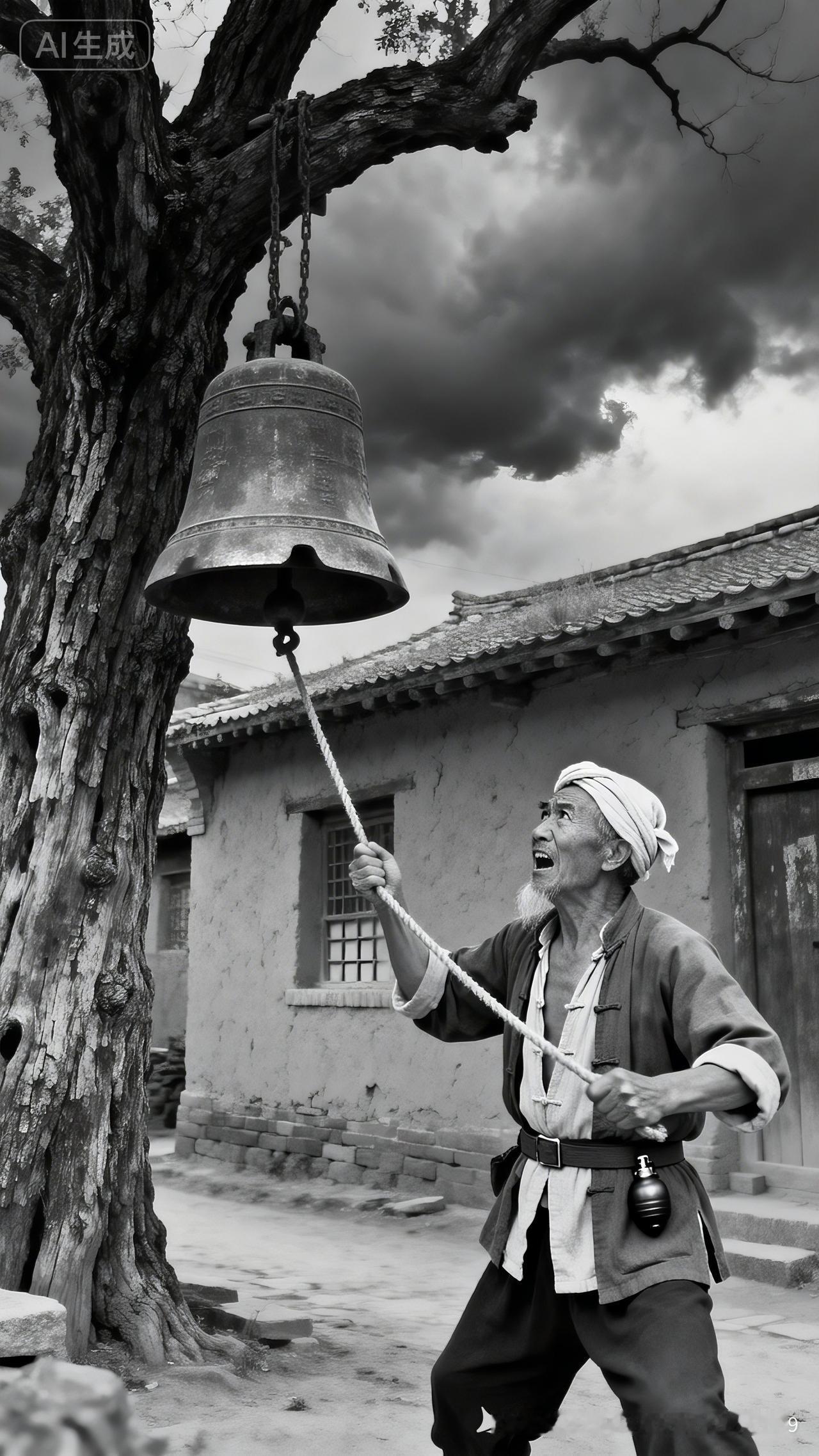 老人在古树下敲响大钟，岁月静好！