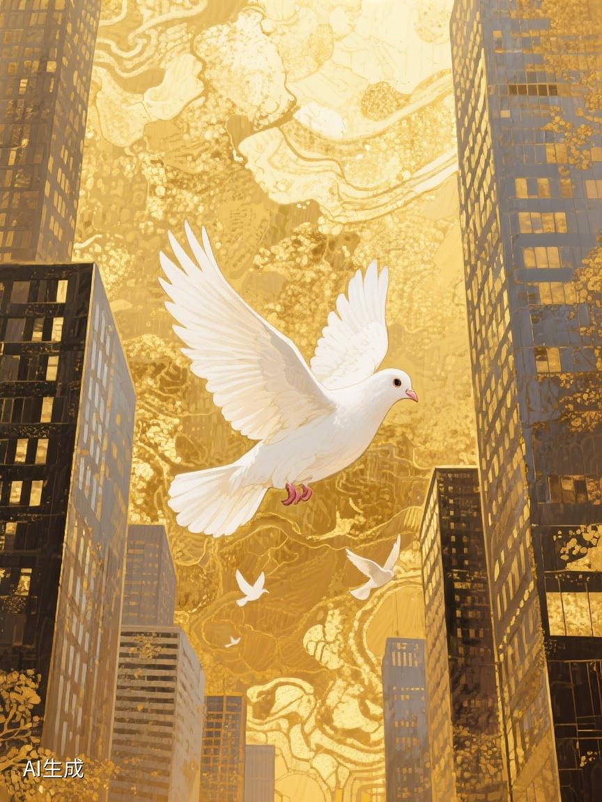 AI妙生图白鸽于繁华高楼间振翅，于金色云海中翱翔，在喧嚣中寻一方宁静天地✨