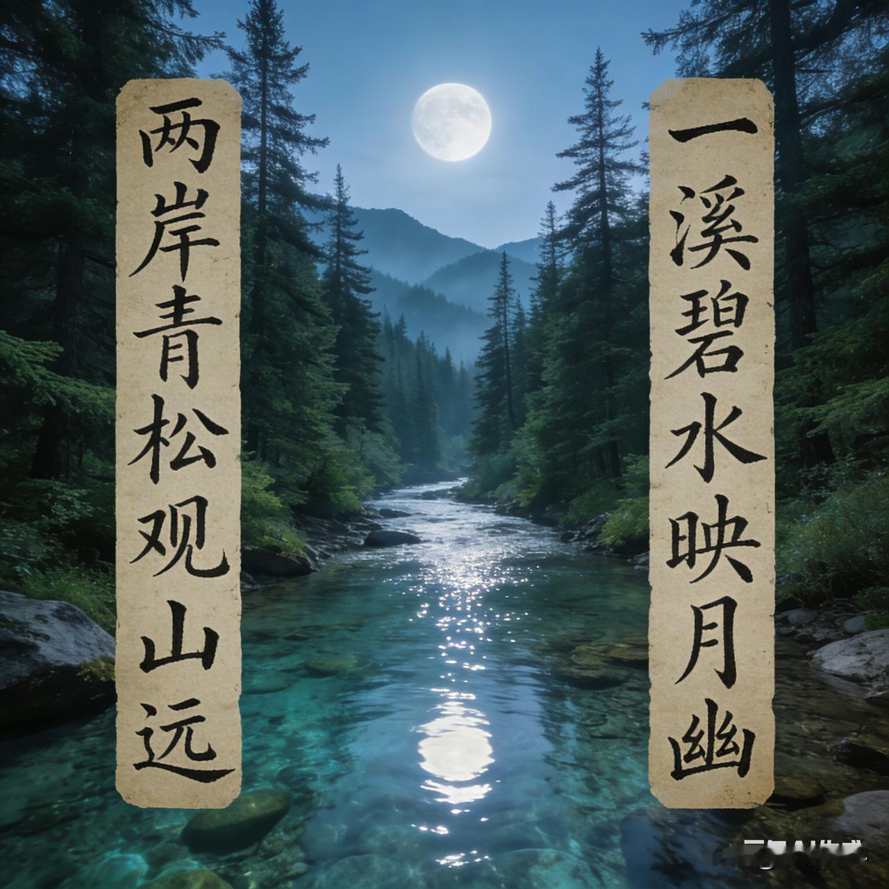 一溪碧水映月幽。我觉得对联这玩意儿，真的很有意思。就像上联“两岸青松观山远”，对