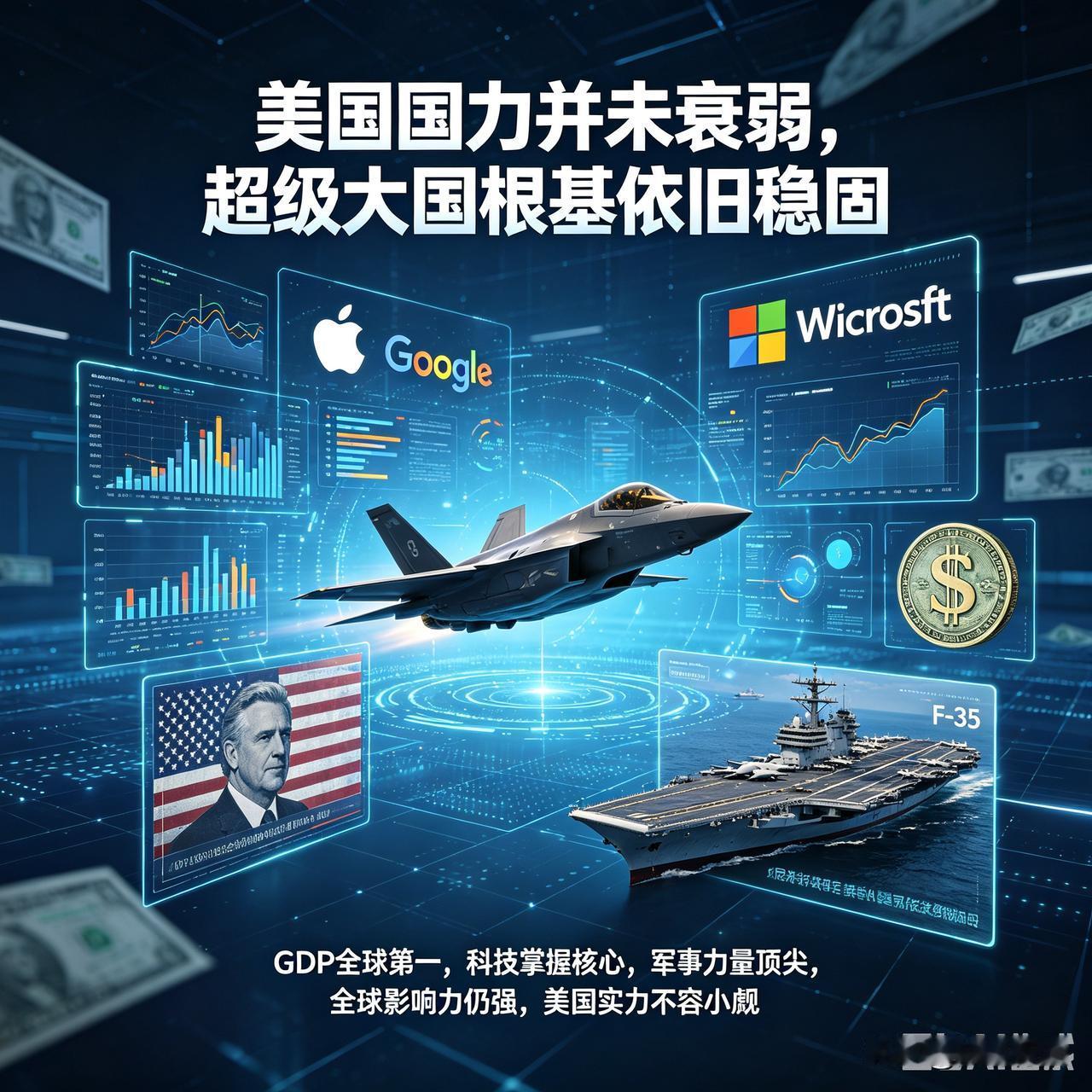 别被舆论带偏！美国国力并未衰弱，超级大国根基依旧稳固
 
最近网上铺天盖地都是“
