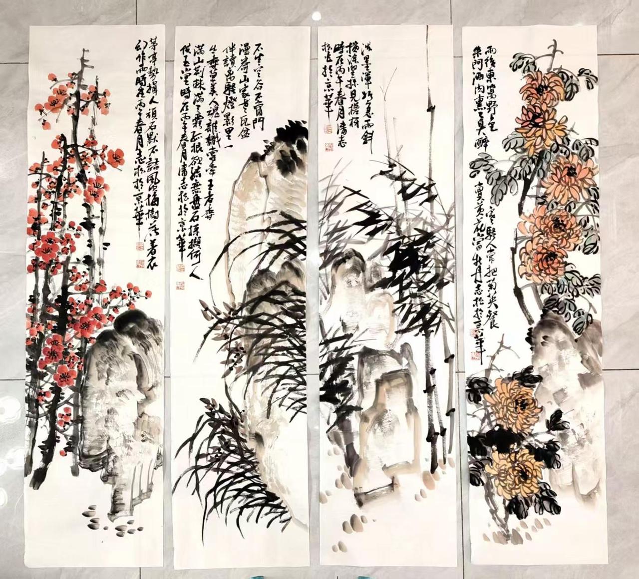 梅兰竹菊。花鸟四条屏花鸟画 国画 国画挑战 写意花鸟