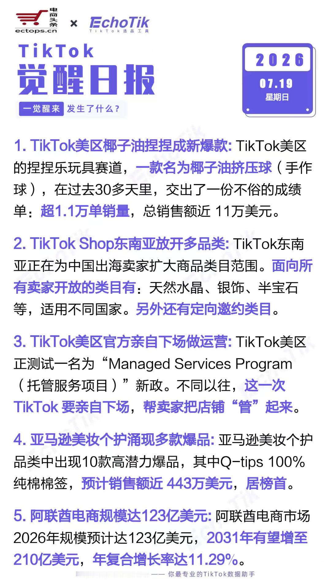 TikTok跨境电商日报 2026-07-191. TikTok美区椰子油捏捏成