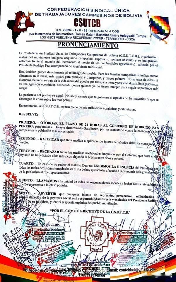 新自由主义休克疗法已在玻利维亚启动。亲美新政府刚刚削减了燃油补贴，大规模通货膨胀