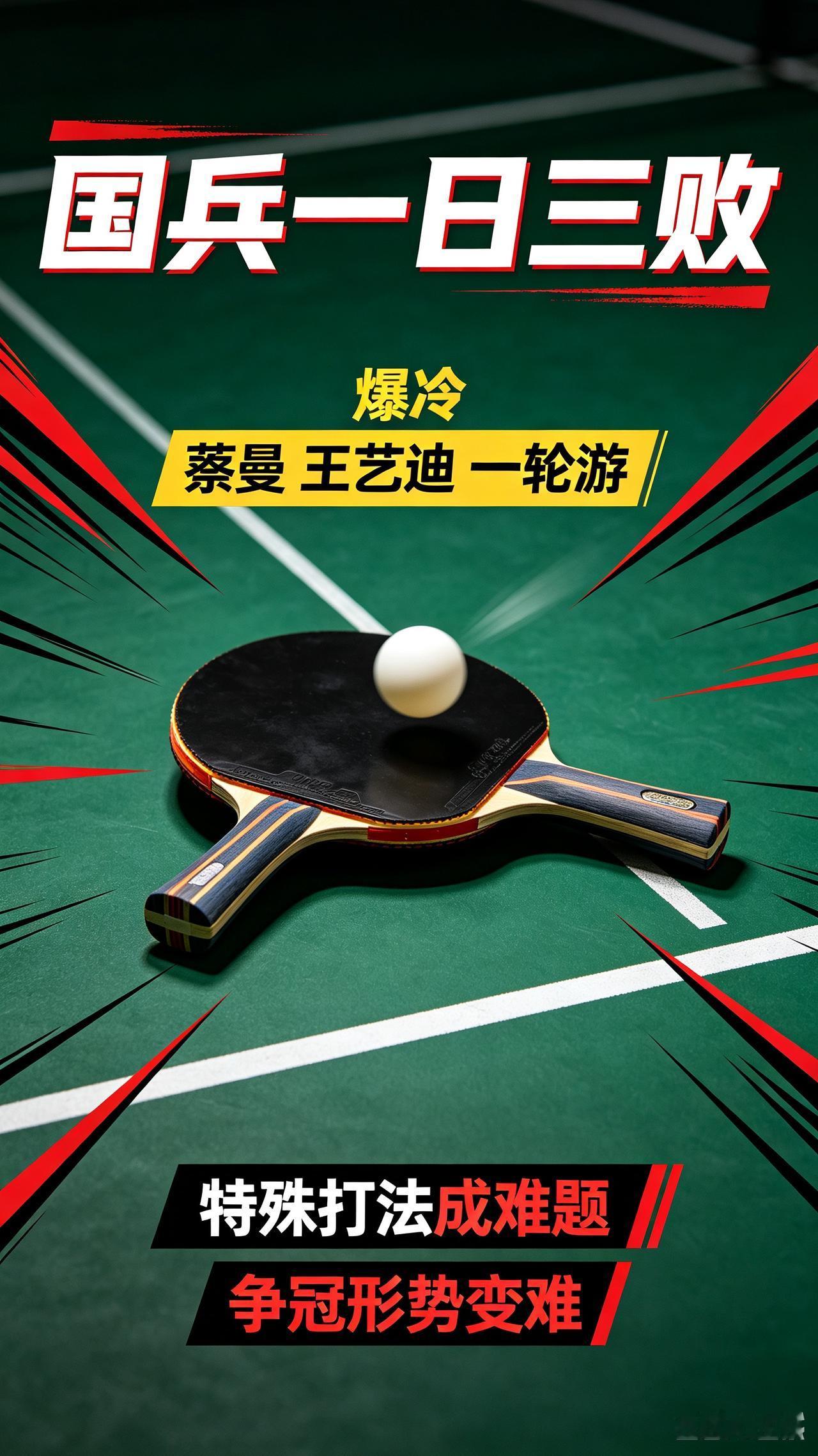 国乒一日三败，蒯曼、王艺迪接连一轮游爆冷出局。王艺迪不敌埃及梅谢芙，遭遇生胶怪异