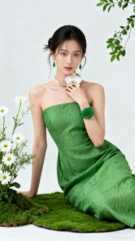 亚洲女性低盘发微垂，高饱和绿肌理抹胸裙，珍珠颈链配兰花耳饰、玫瑰绿手镯，清透裸妆