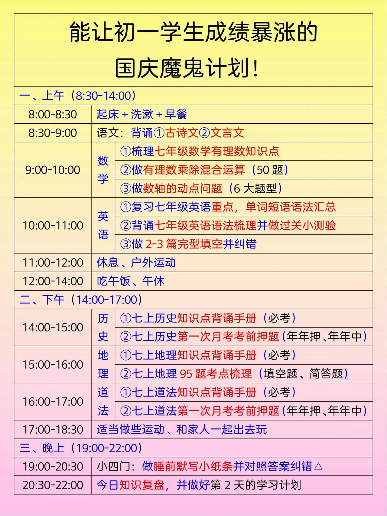 能让七年级孩子成绩暴涨的国庆卷王计划表，新初一第一次月考有福啦。