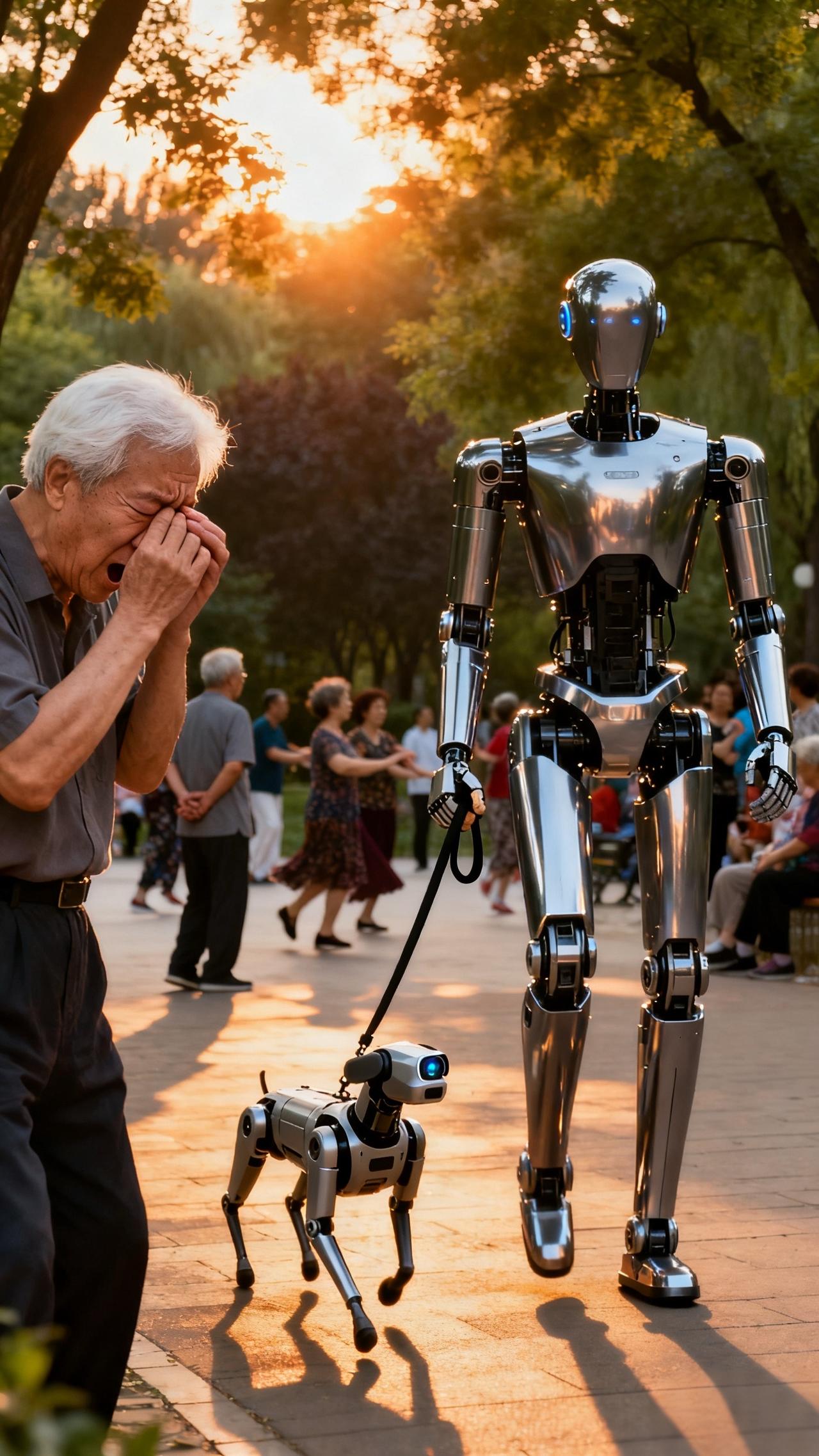机器人牵机器狗遛弯看懵大爷：这幕科幻场景，藏着最暖的时代答案

        