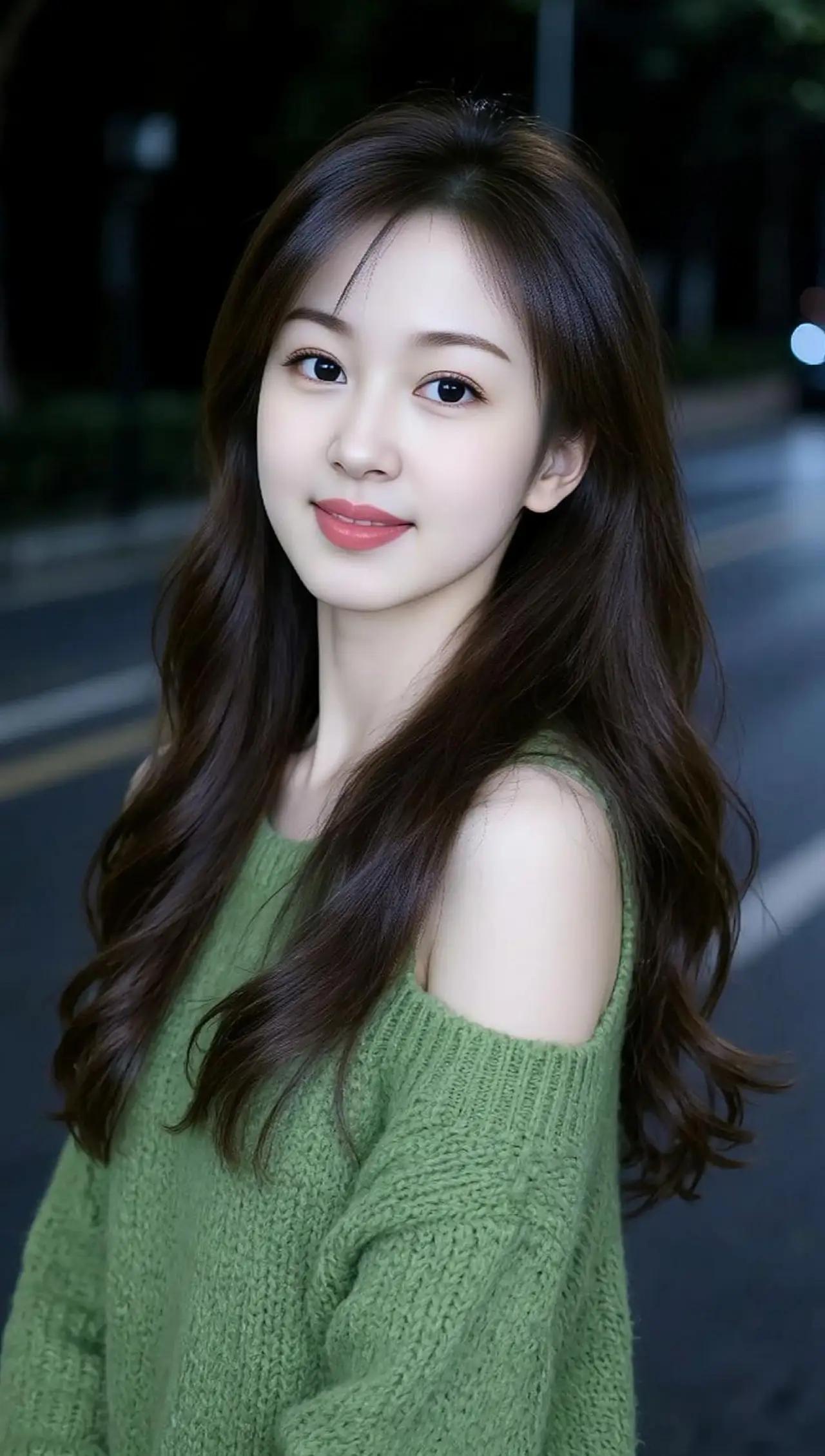 夜晚街头的温柔少女，绿色毛衣搭配自然妆容，散发着青春的气息。🌟💝🍎