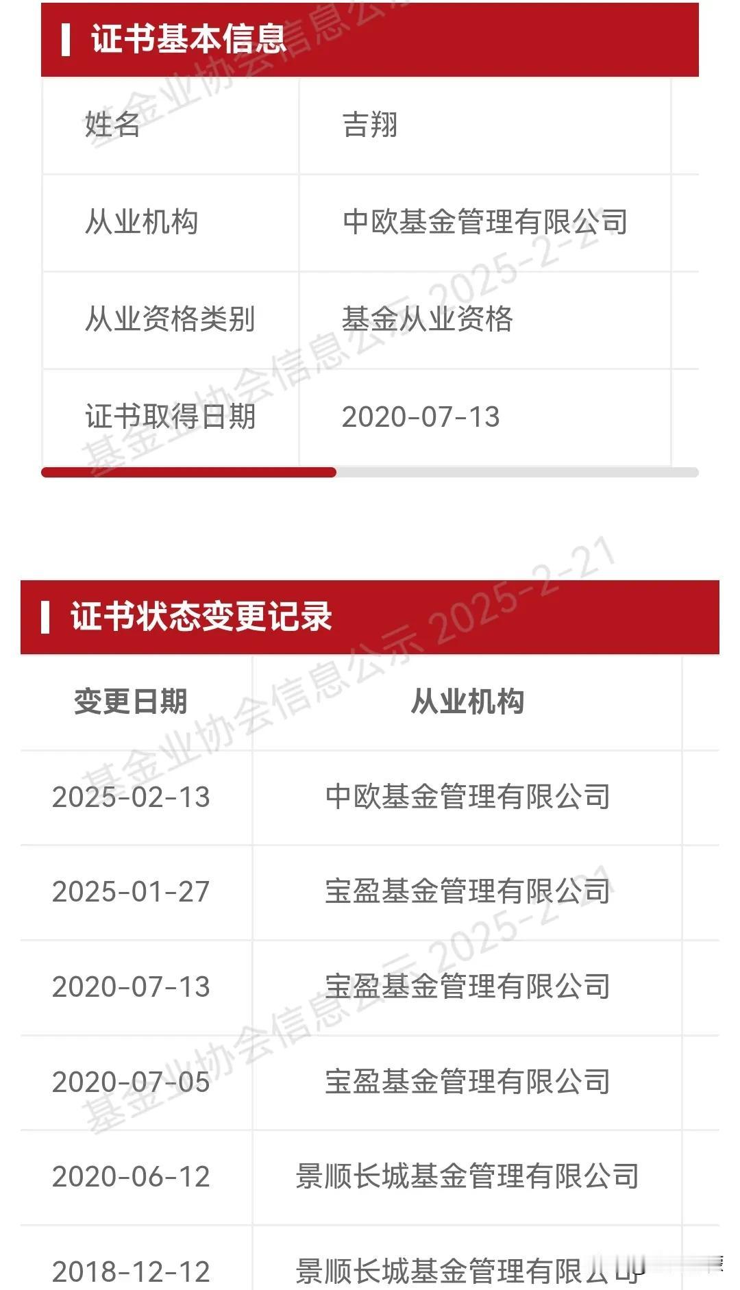 基金业协会从业信息公示显示：原宝盈基金的基金经理吉翔，已经入职中欧基金。