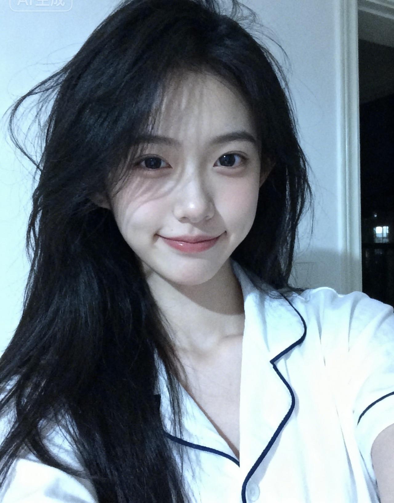 温柔的黑发少女，微笑着面对镜头，仿佛时间在这一刻静止。少女感微笑女孩