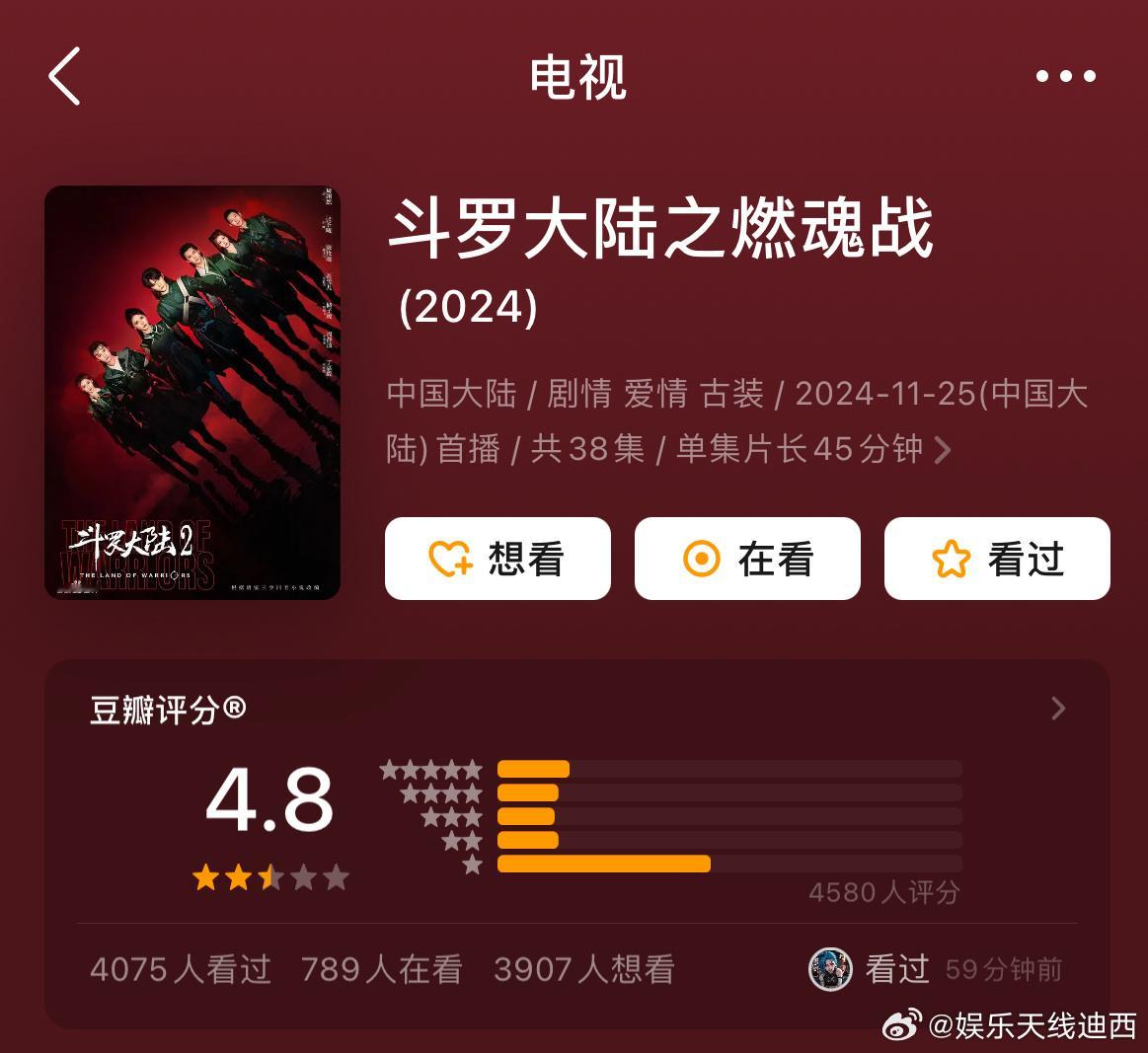 周翊然、张予曦《斗罗大陆2》豆瓣开分4.8，只有4580人打分[吃瓜]又一部没几