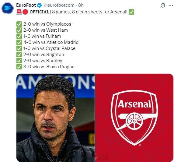 塔帅执教阿森纳在欧冠胜率达到64%，为执教英格兰球队胜率最高主帅（至少带队20场