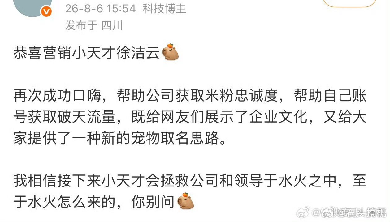 ?啥玩意？洁云总口嗨啥了？什么忠诚度？米粉都是因为产品性价比高才热爱的，这就是小