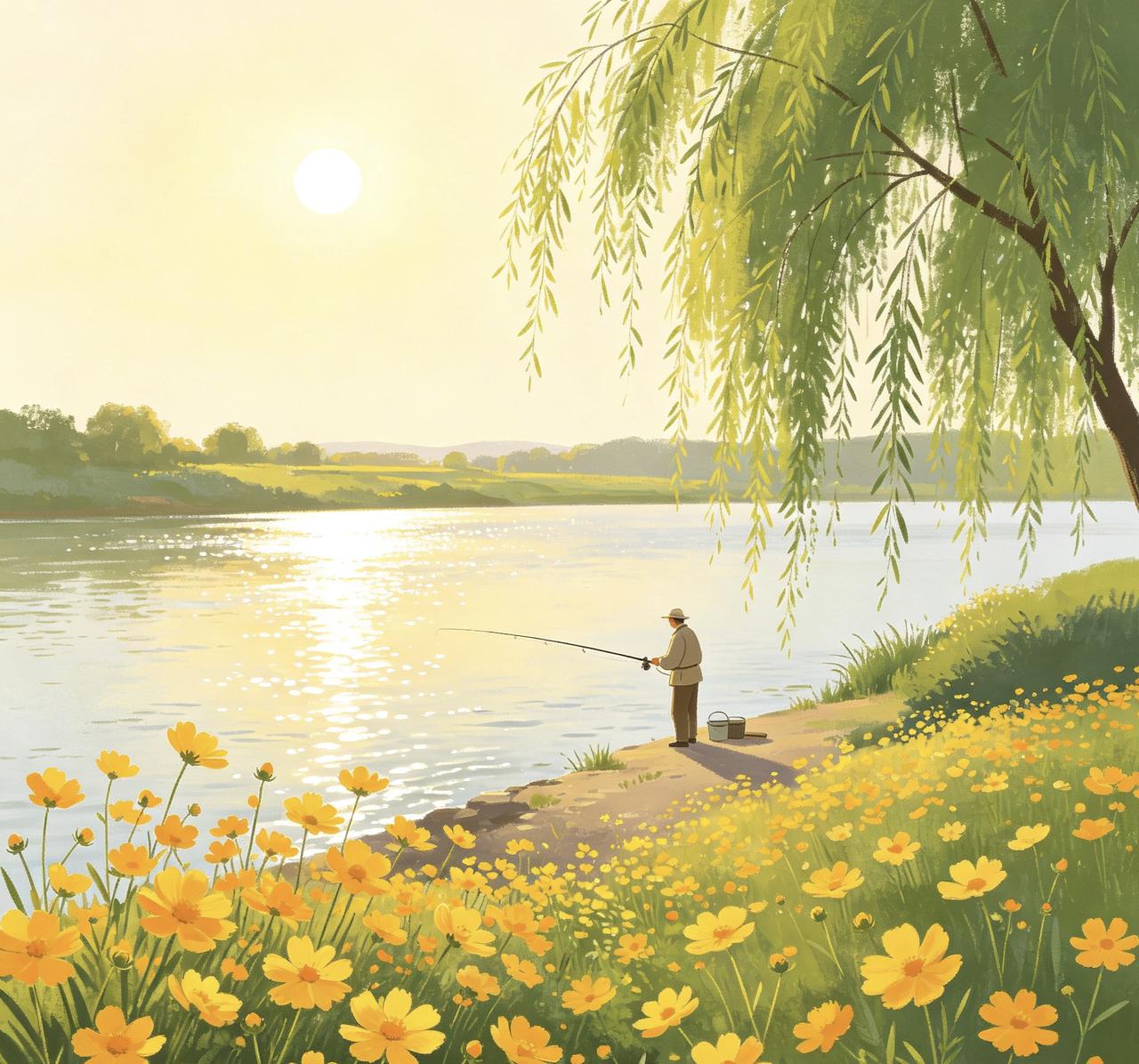 《初夏滨河骑行偶题》
 
黄花灼灼时，
白日正炎炎。
钓者江边立，
垂杨挂翠帘。