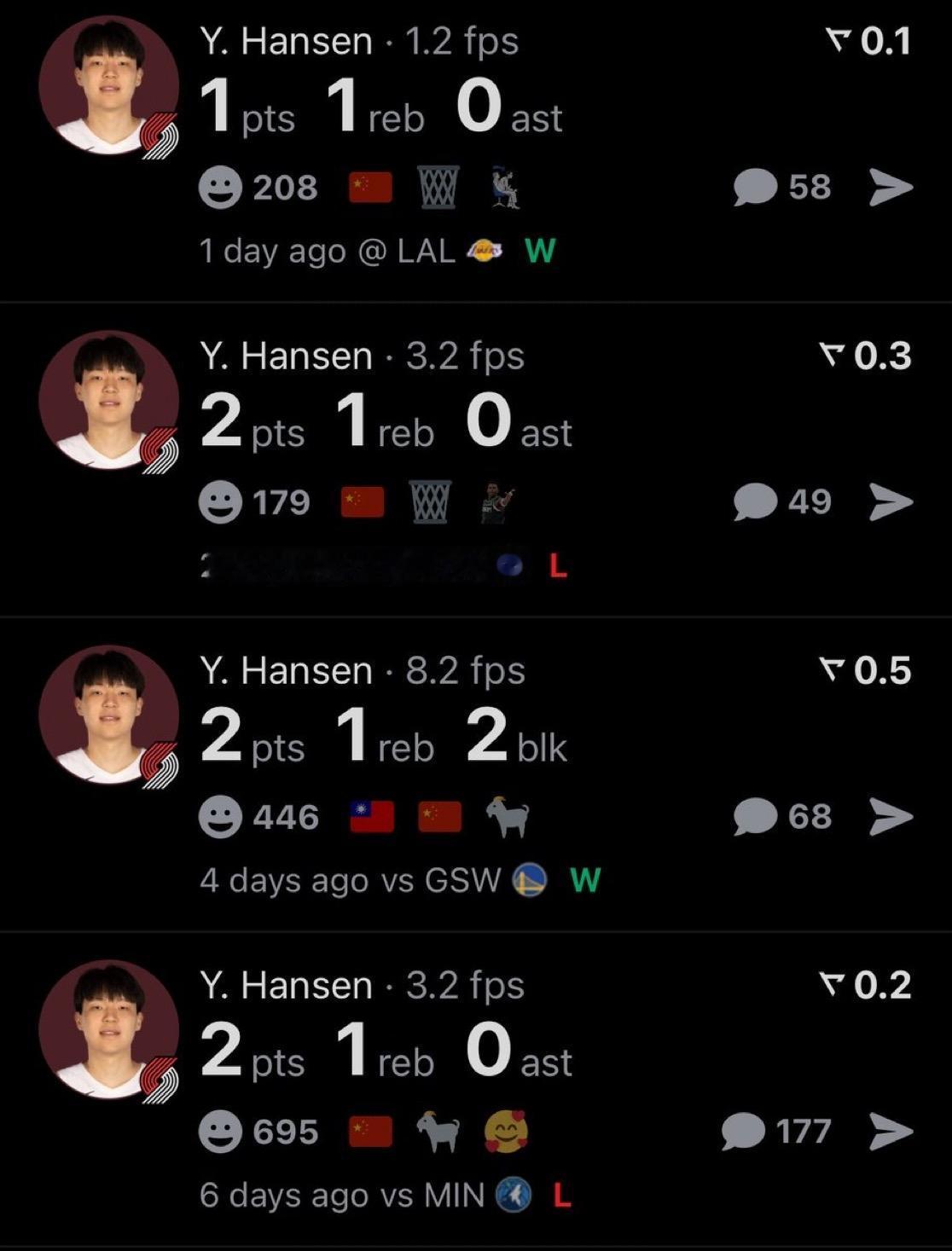 这是杨瀚森过去4场比赛的技术统计。
小杨，加油呀…