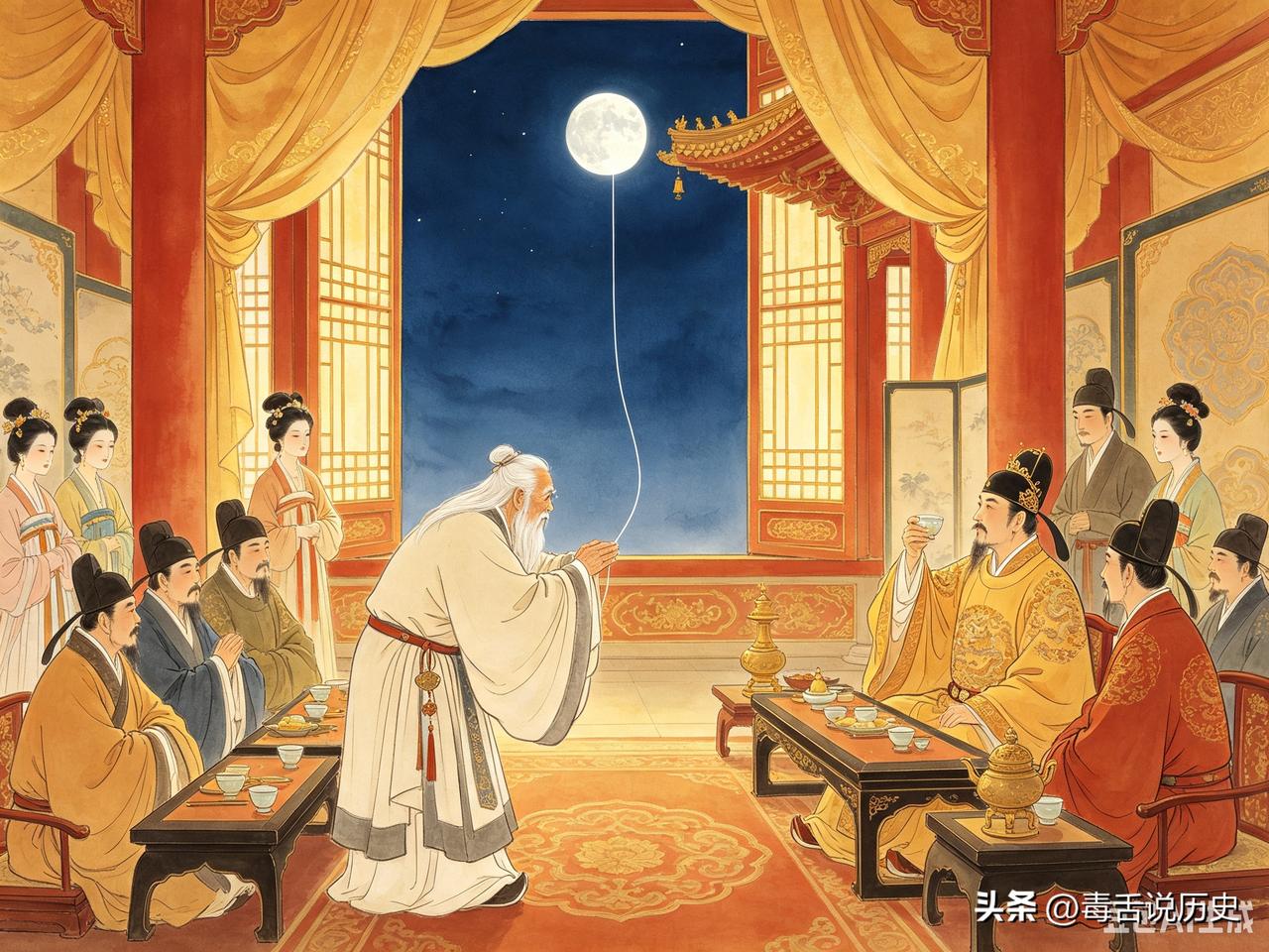 开元年间中秋夜，唐玄宗在宫中设宴赏月，老道士叶法善说可以带他去月亮上看看——现在