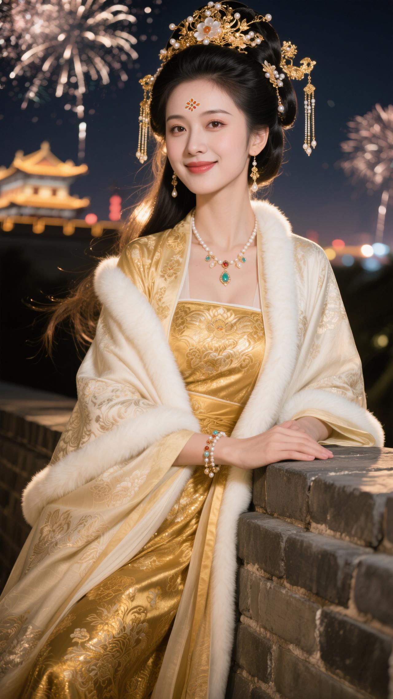 金缕裁云覆玉裘，鬓边珠翠落星稠。
灯摇古堞浮光软，焰裂寒空碎雪柔。
眉带笑，眼含