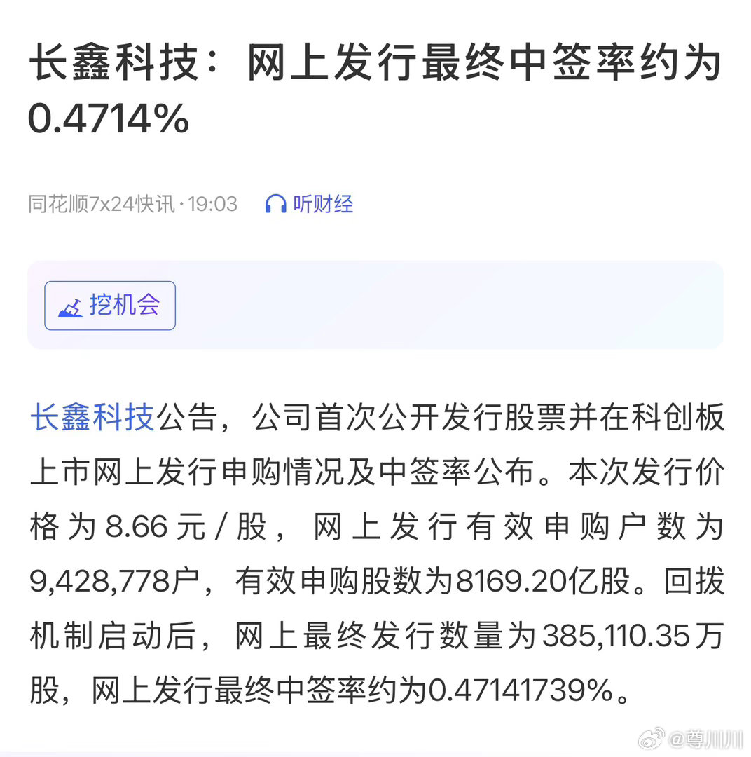 长鑫科技：网上发行最终中签率为：0.4714%中了的有福了 