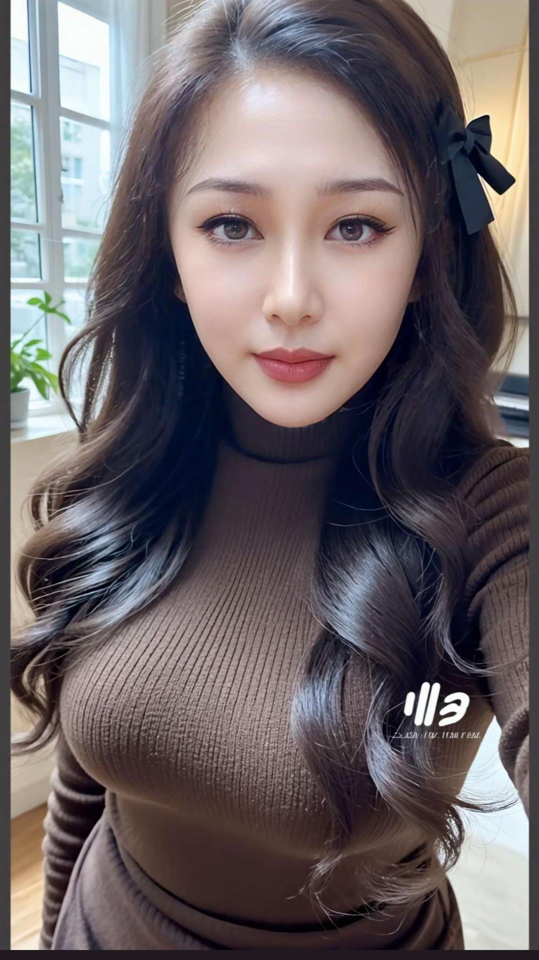 温柔甜美的自拍，棕色毛衣搭配黑色蝴蝶结，元气满满的一天！💕✨