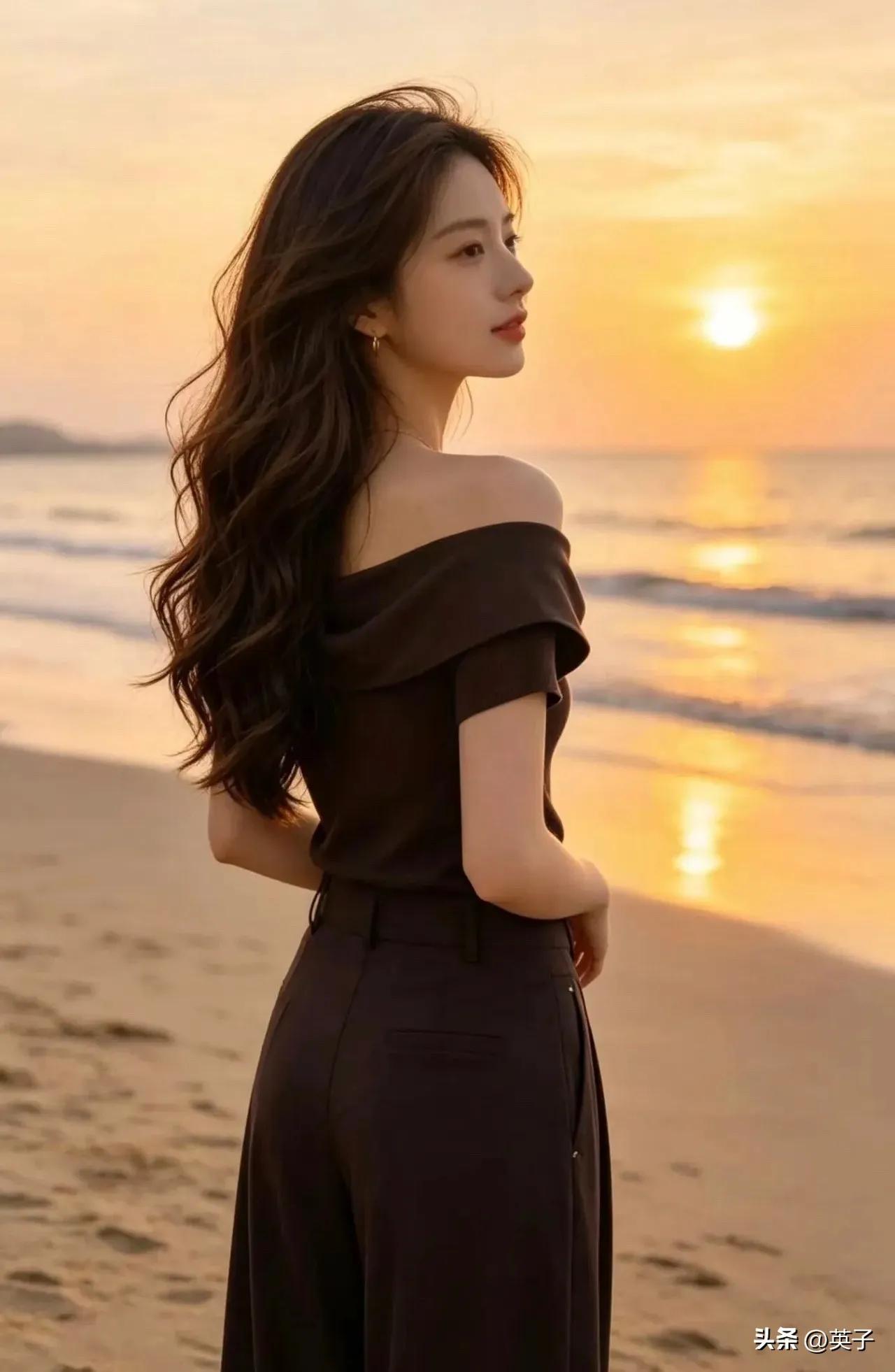 落日余晖，沙滩脚印，美女凝视远方，神情那么专注，海滨美女照让人陶醉。