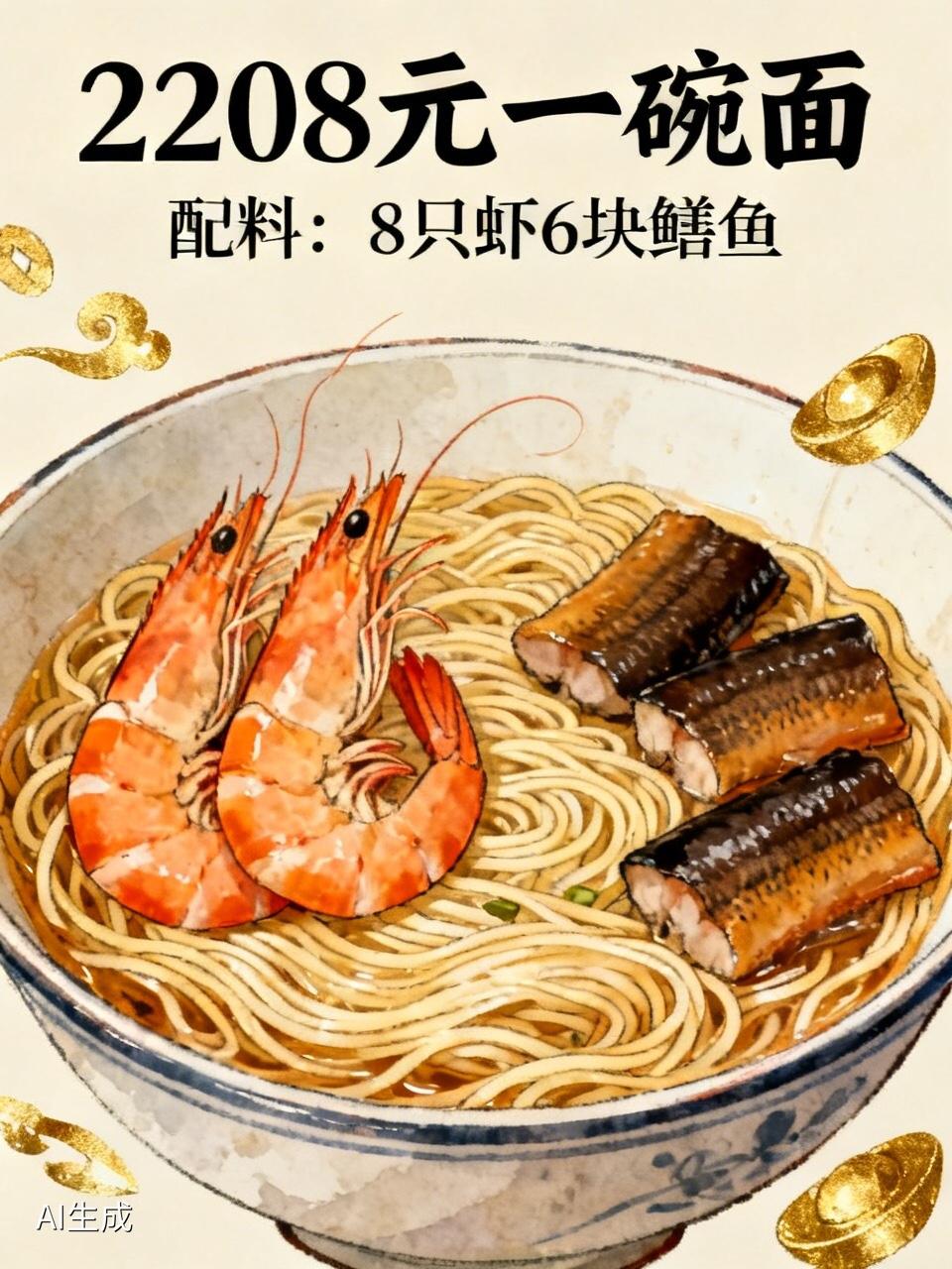 【杭州：2208元一碗面配料8只虾6块鳝鱼】
是不是有点太离谱了？成本一百元打破