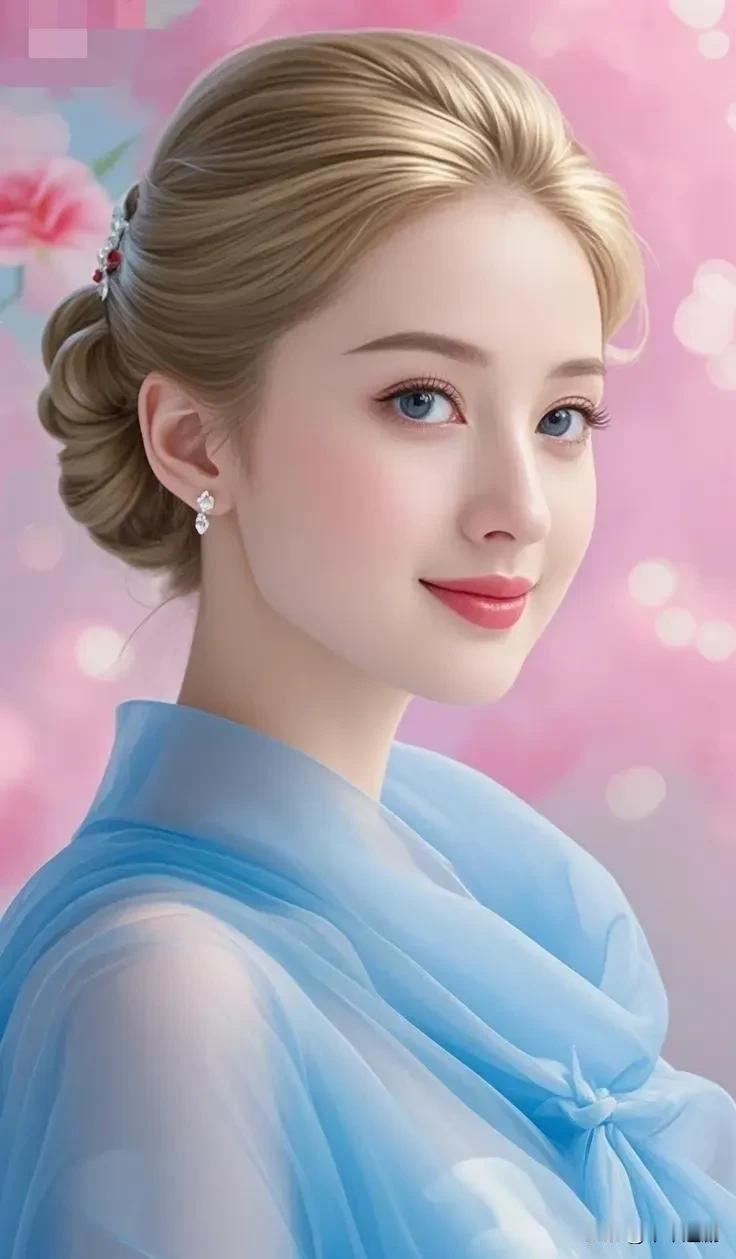 蓝纱裹着云的软，金棕发绾成春的结。眼波是浸了雾的蓝，连风里都沾了点粉调的甜。
墨