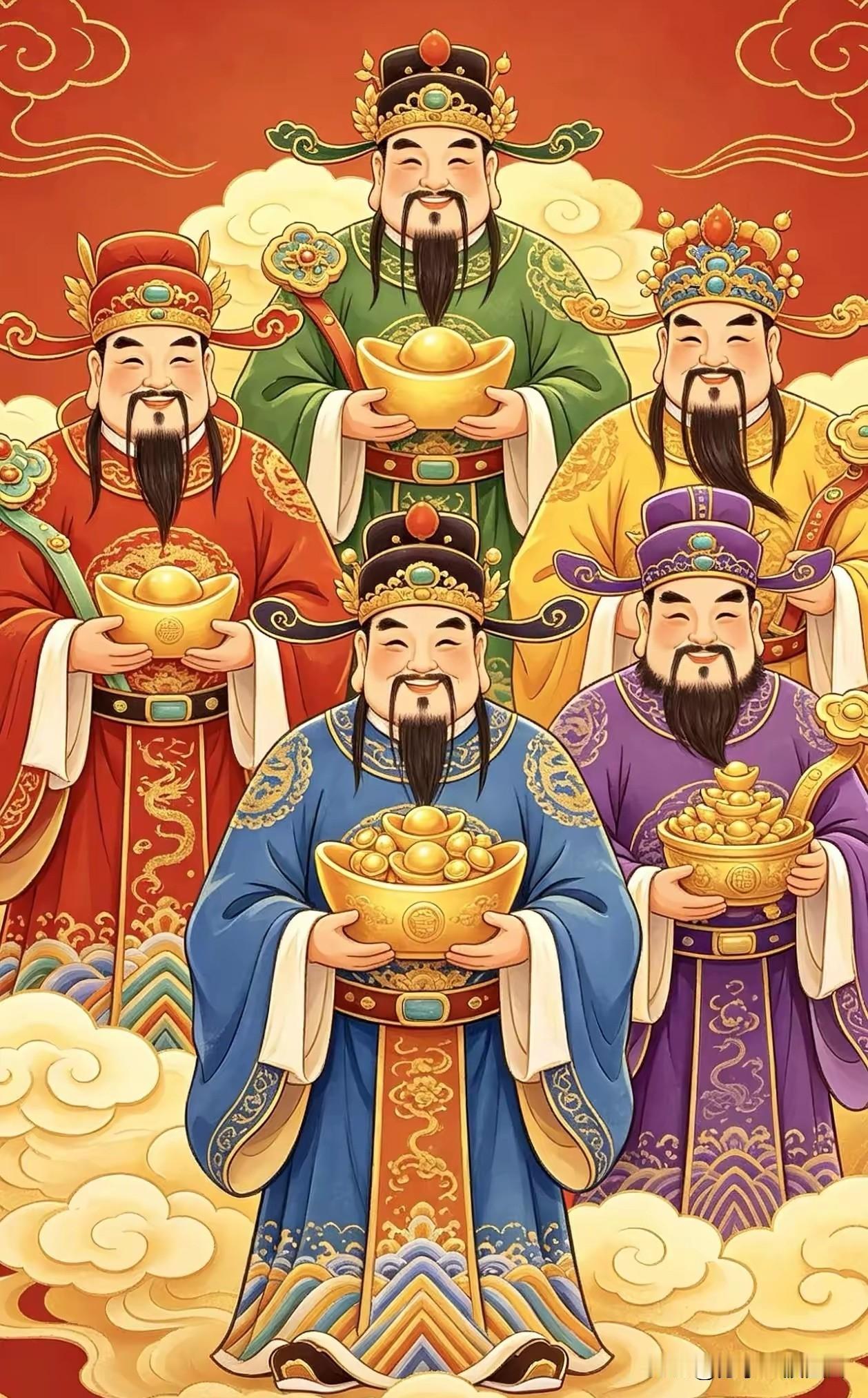 五路财神踏祥云而来，捧着满盆金元宝。
人这一生，财气离不开底气，福气离不开善心。
