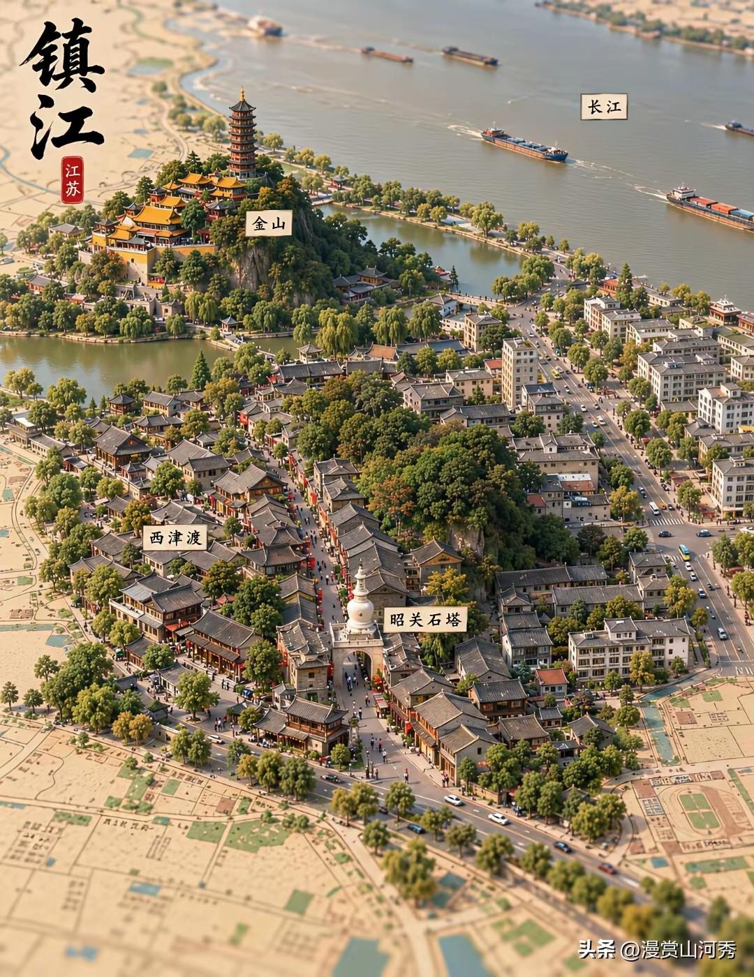 镇江古镇：这张融合艺术想象的俯瞰图景，将镇江最具代表性的风物浓缩在一幅画面里。长