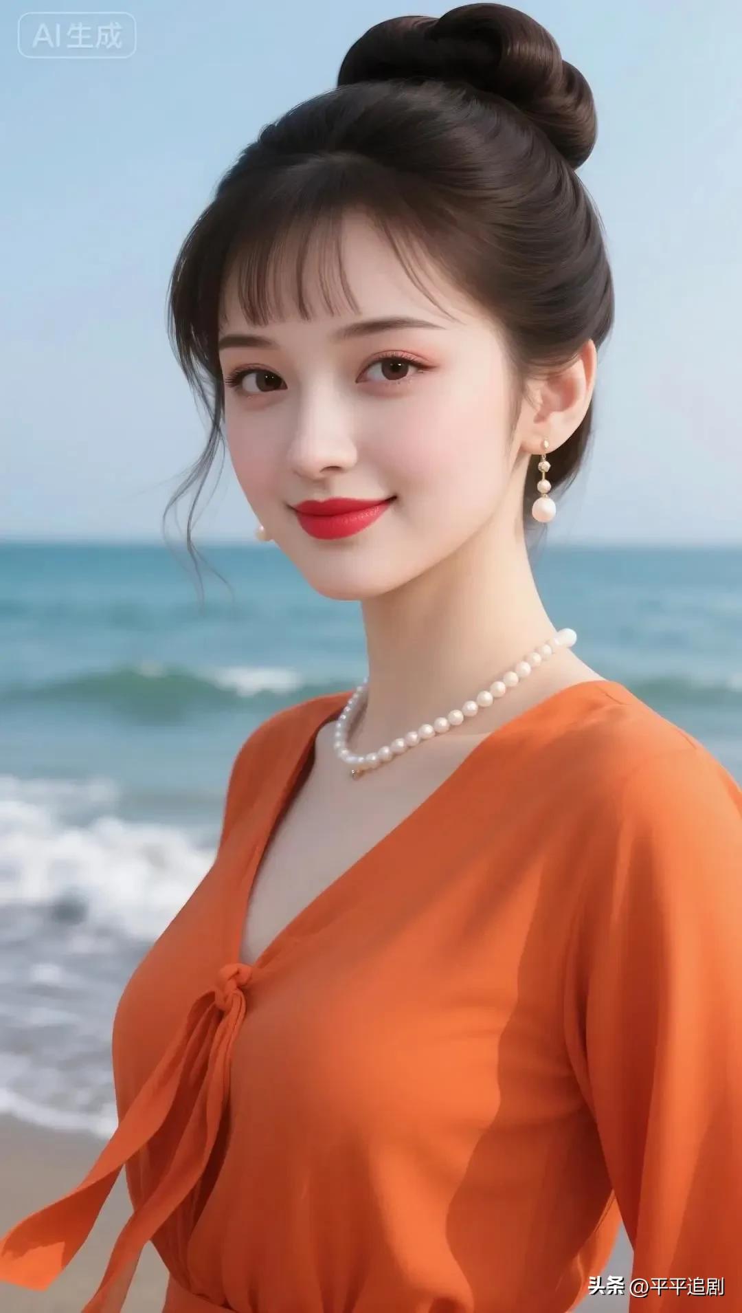 什么样的女人,最有魅力?
橘色衣衫映着海天一色，珍珠缀起温柔，发髻挽住海风，一颦