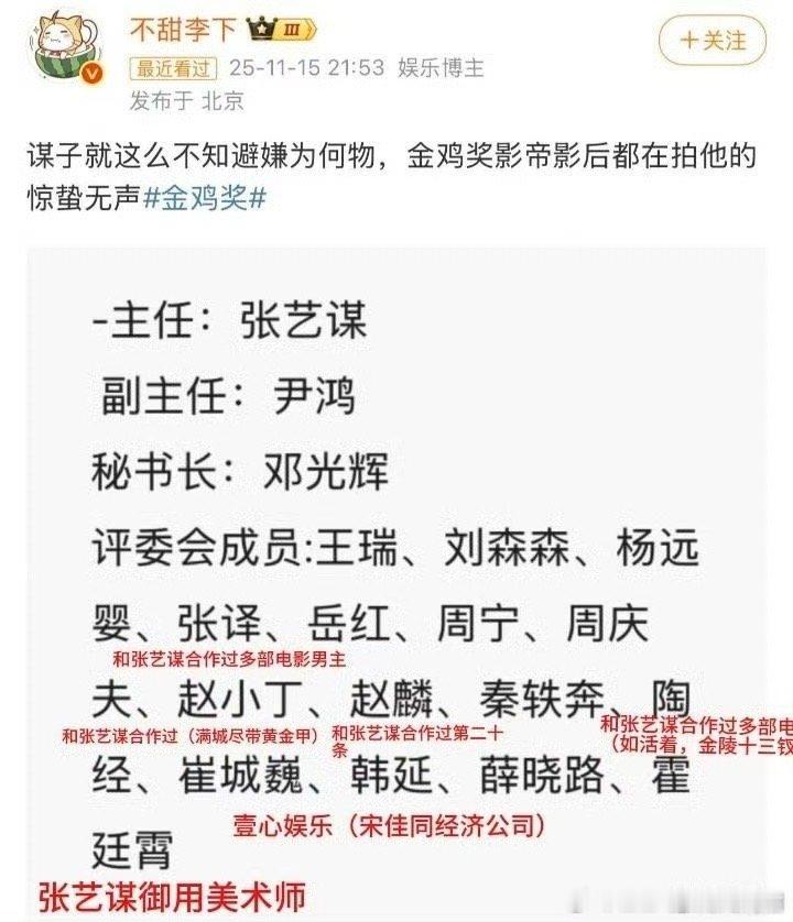 张艺谋真不愧是老戏骨，得金马的时候说金马是最难拿的奖。得金鸡的时候说金鸡是最难拿