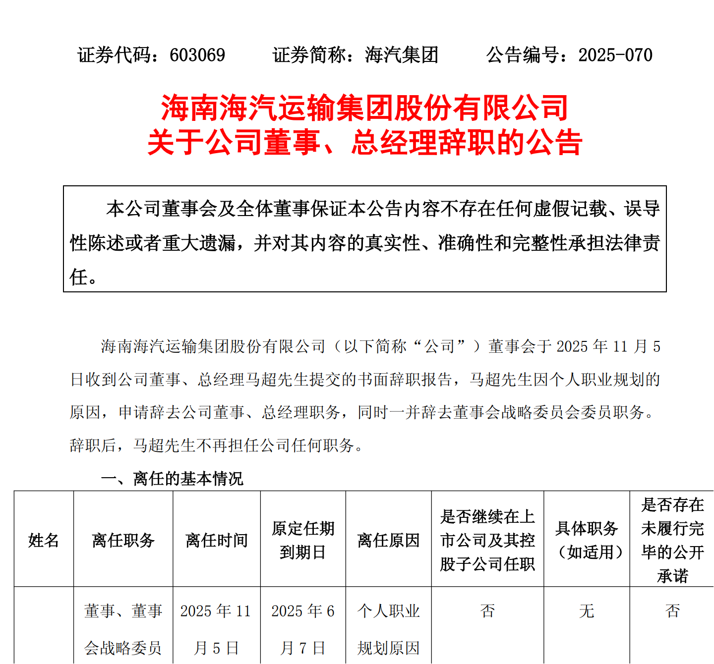 【海汽集团：总经理马超因个人职业规划原因辞职】海汽集团11月5日公告，公司董事会