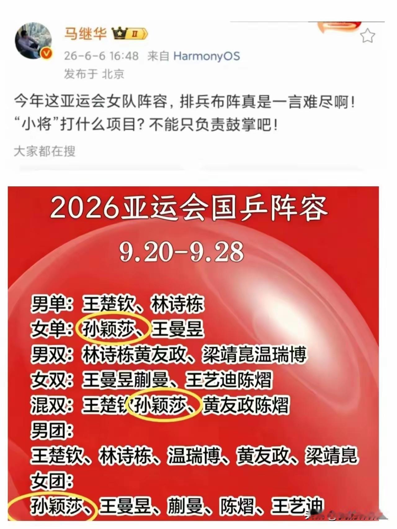 马老师发文，今年亚运会阵容，小将到底打什么项目？
不会只负责鼓掌吧？
孙颖莎:单