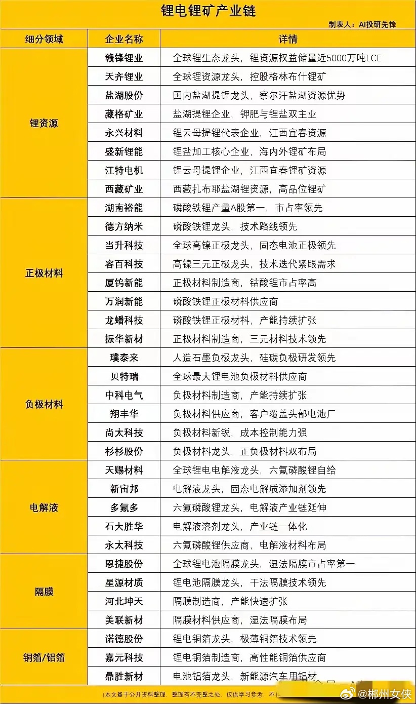 ⚡ 锂电锂矿产业链核心企业锂资源端，赣锋、天齐攥着全球核心矿权，盐湖股份和永兴材
