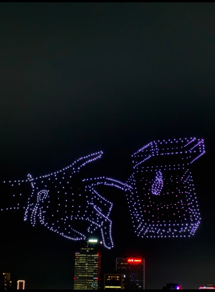 上海惊现最萌无人机表演 谁能拒绝夜空中跳芭蕾的小兔子？无人机组成的白色身影踮着脚