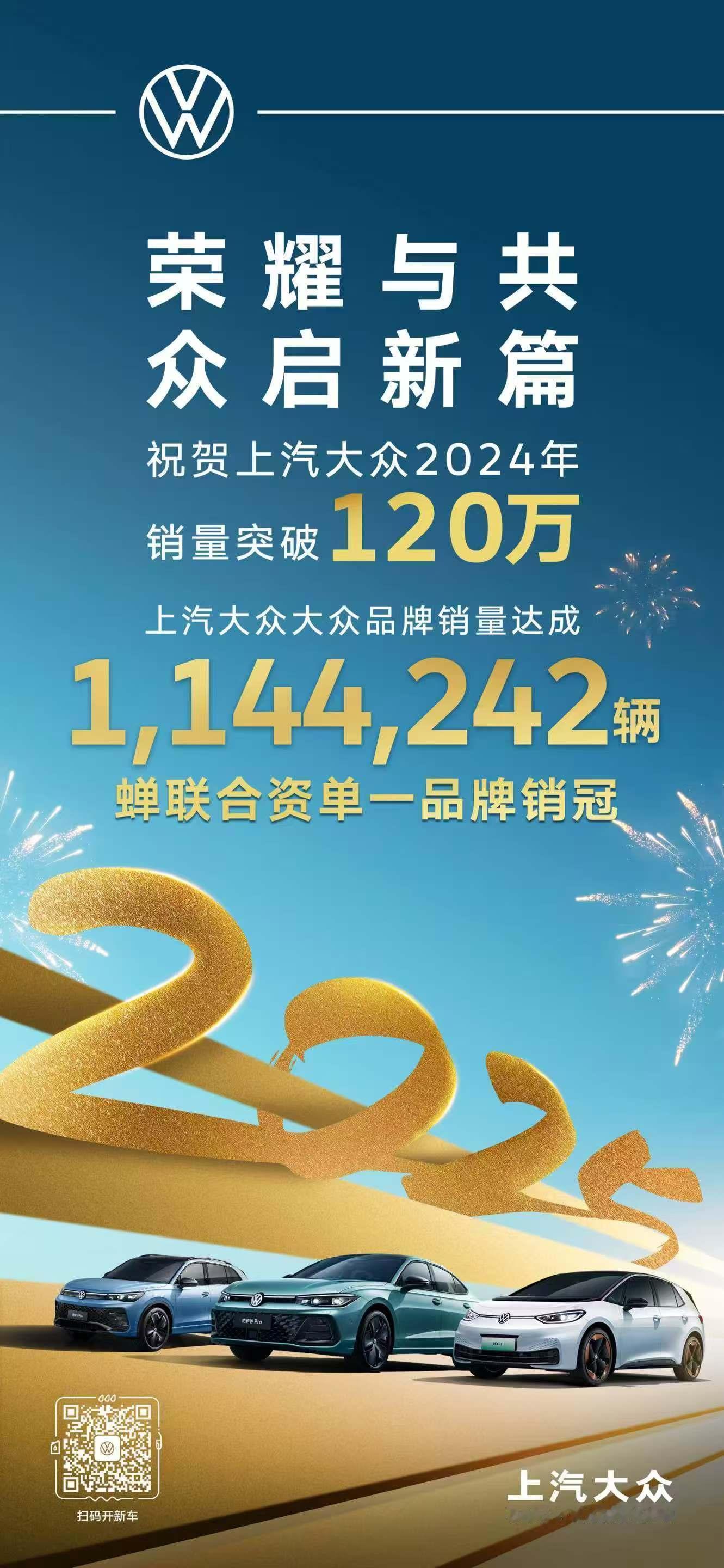 上汽大众全年销量超120万辆  1月1日获悉，上汽大众2024年销量突破120万