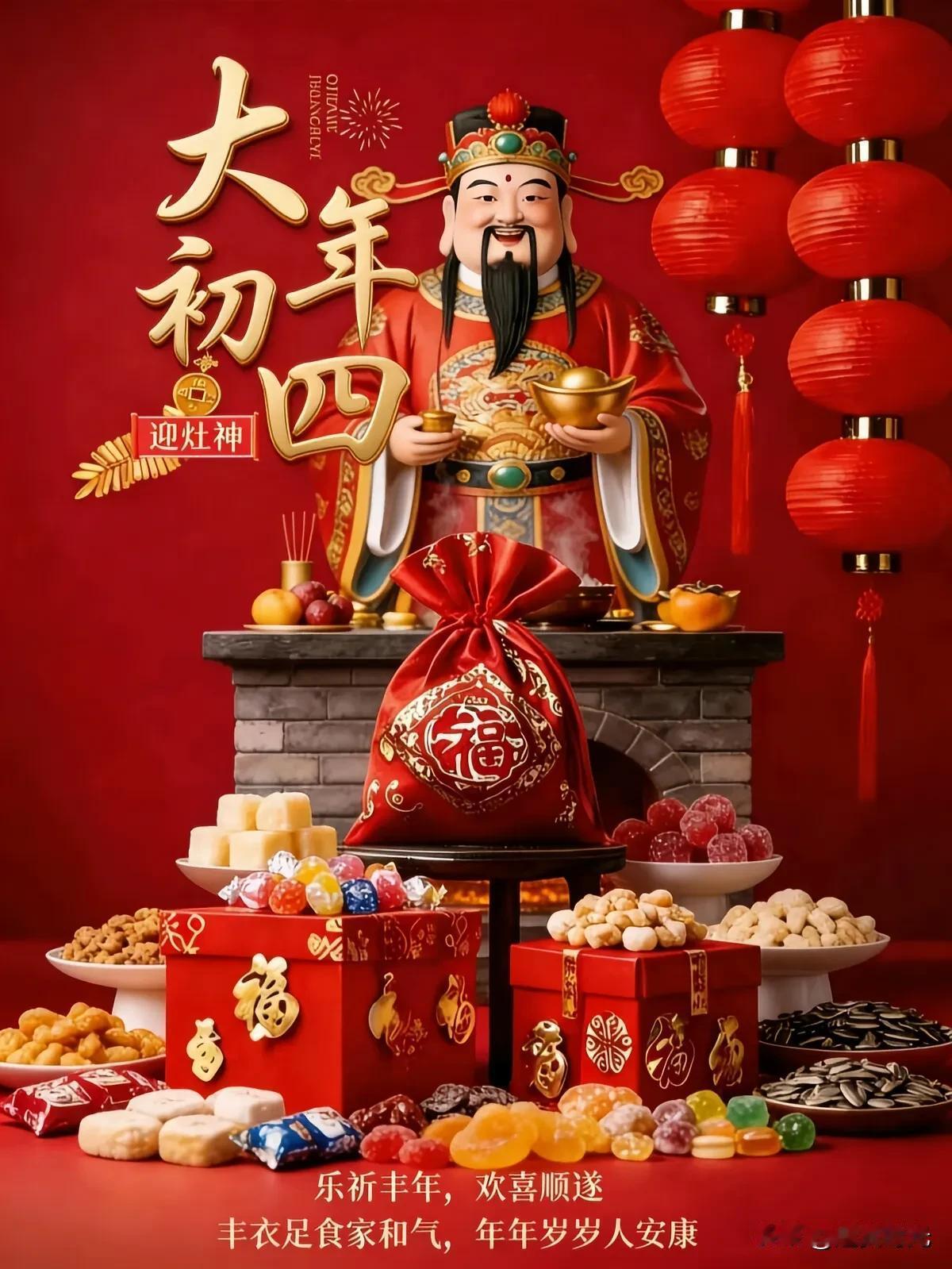 大年初四，恭迎灶神归位，重启人间烟火。
在这红火的丙午马年，许你四枚心愿，岁岁常