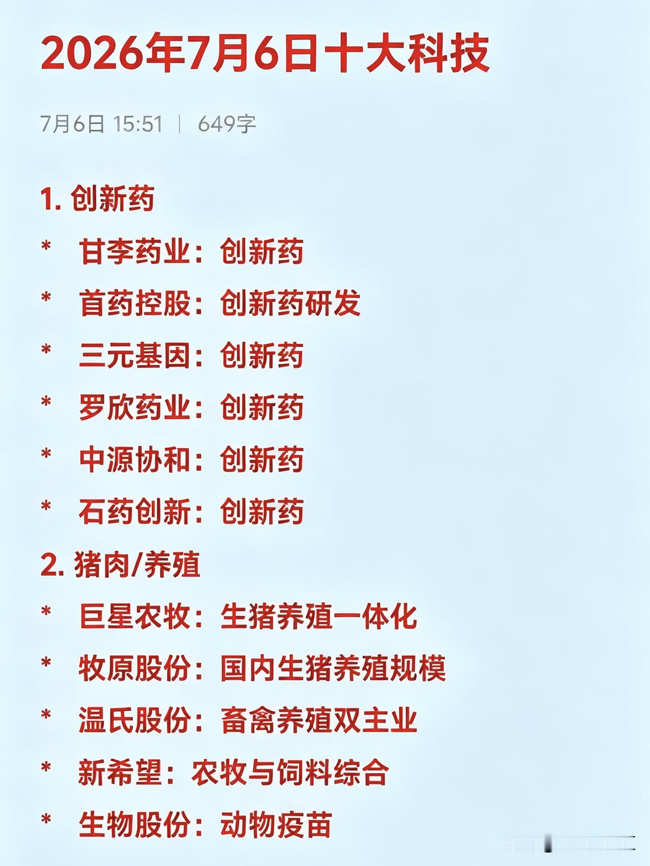 2026年7月6日十大热点科技及其产业链核心龙头

1. 创新药
*   甘李药