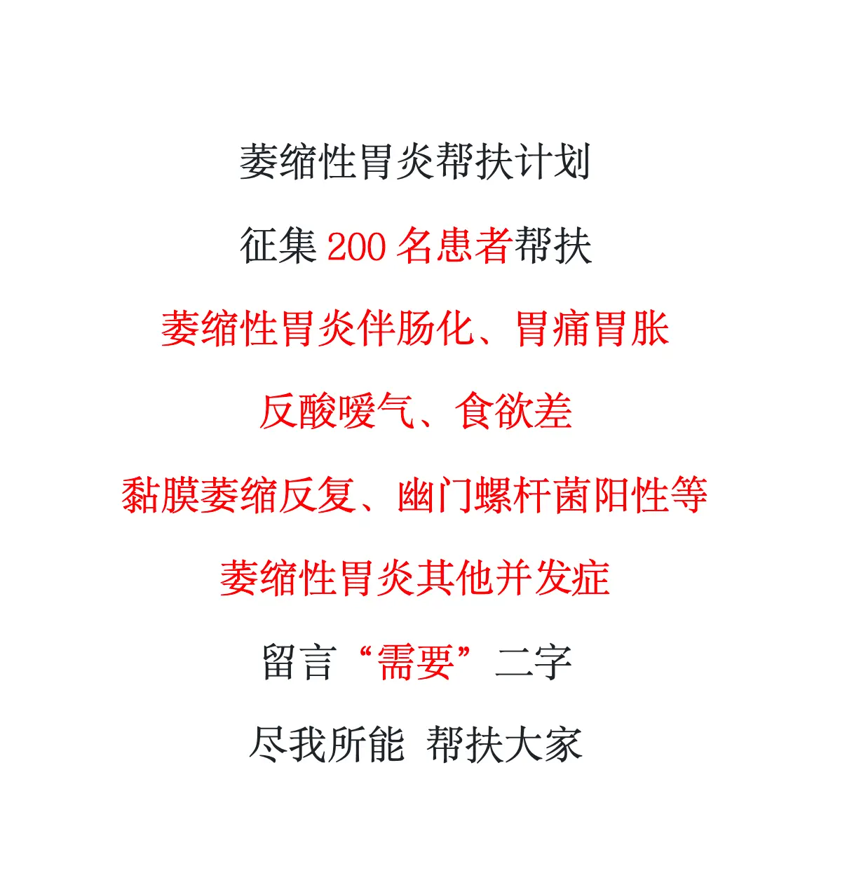 萎缩性胃炎帮扶计划，征集200名患者帮扶。